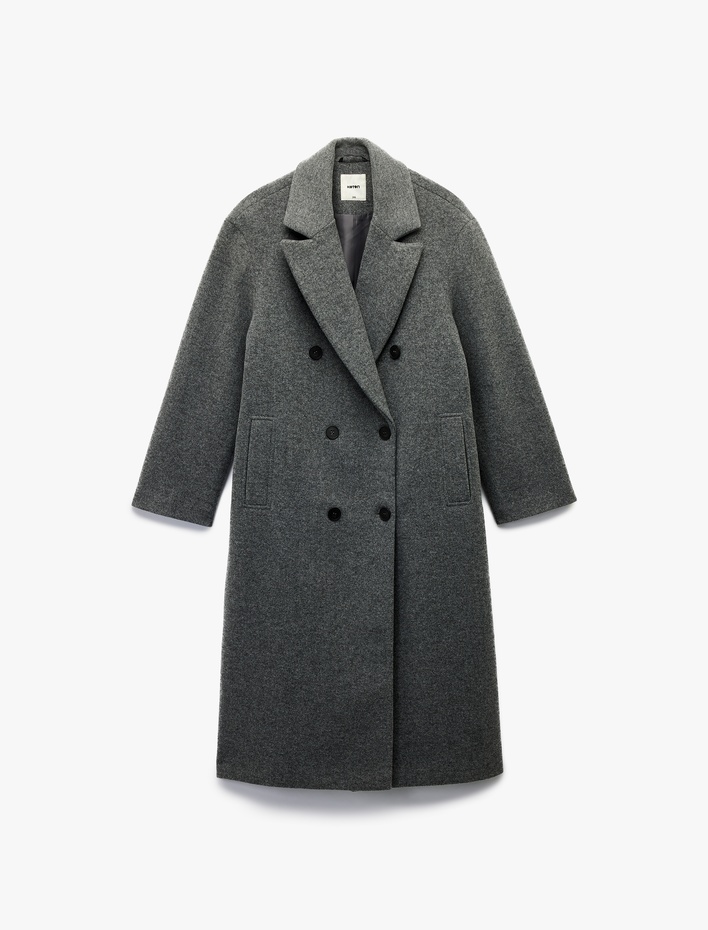  Cepli Düğmeli Uzun Kollu Kruvaze Uzun Kaşe Kaban