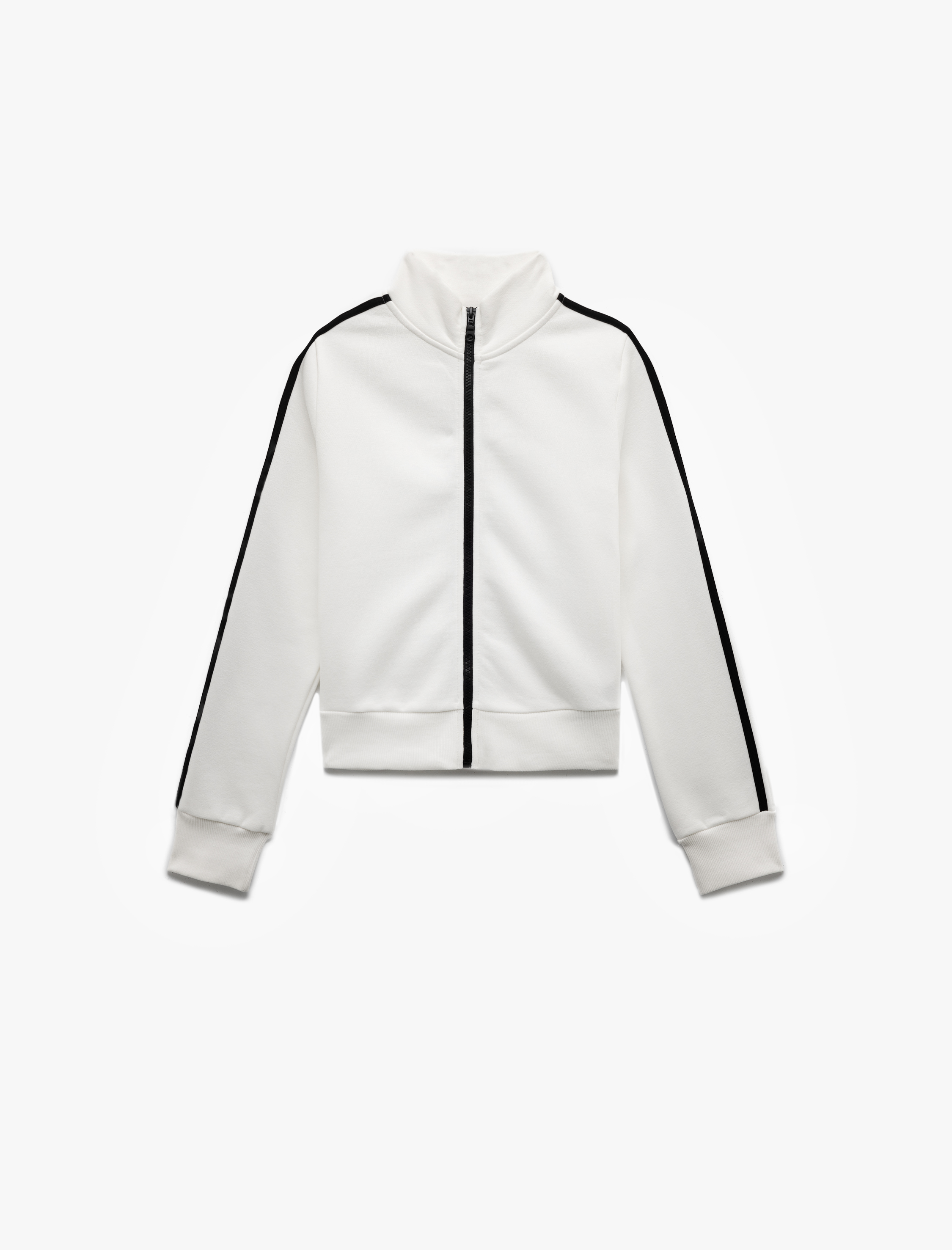   Şardonlu Uzun Kollu Dar Kesim Dik Yaka Fermuarlı Çizgili Sweatshirt