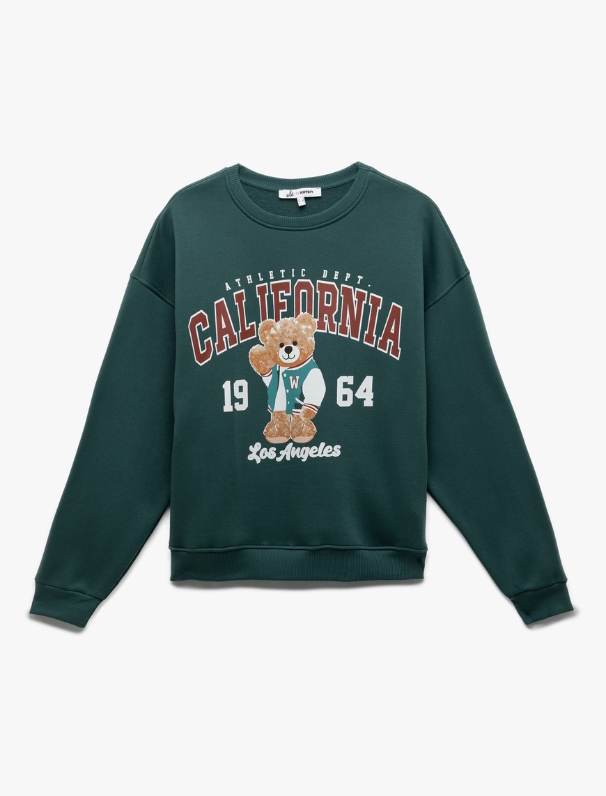   Şardonlu Uzun Kollu Bisiklet Yaka Ayıcık Baskılı Oversize Sweatshirt