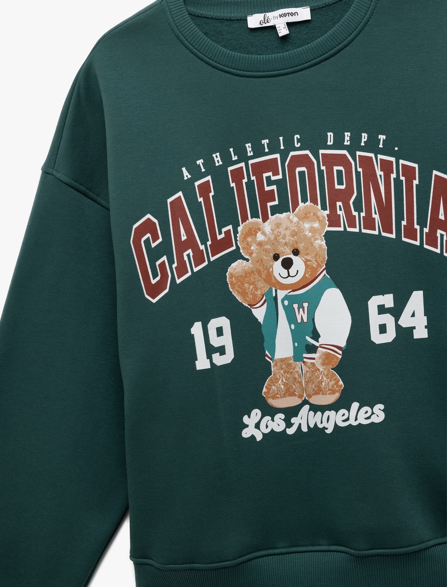   Şardonlu Uzun Kollu Bisiklet Yaka Ayıcık Baskılı Oversize Sweatshirt