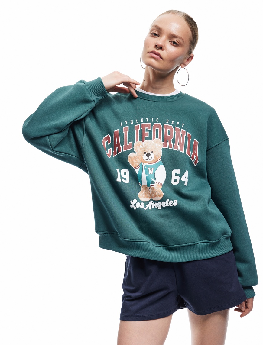   Şardonlu Uzun Kollu Bisiklet Yaka Ayıcık Baskılı Oversize Sweatshirt
