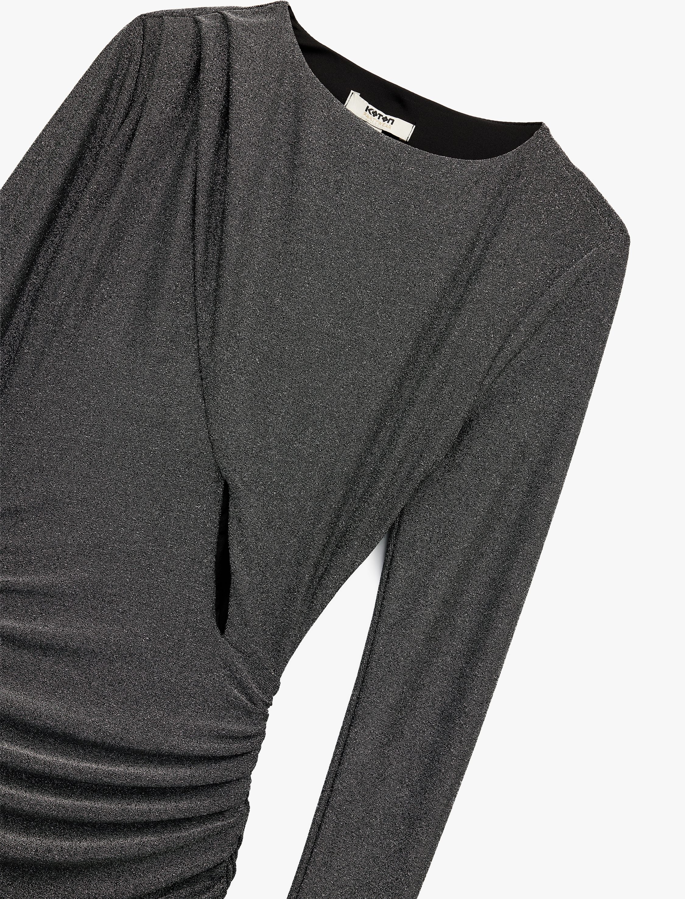   Uzun Kollu Bisiklet Yaka Pencere Detaylı Dar Kesim Drapeli Mini Abiye Elbise