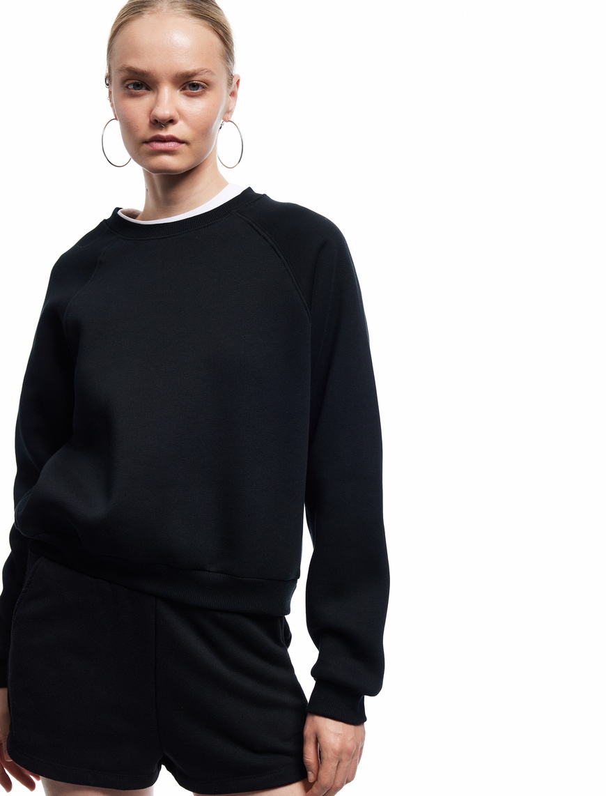   Pamuklu Bisiklet Yaka Şardonlu Sweatshirt