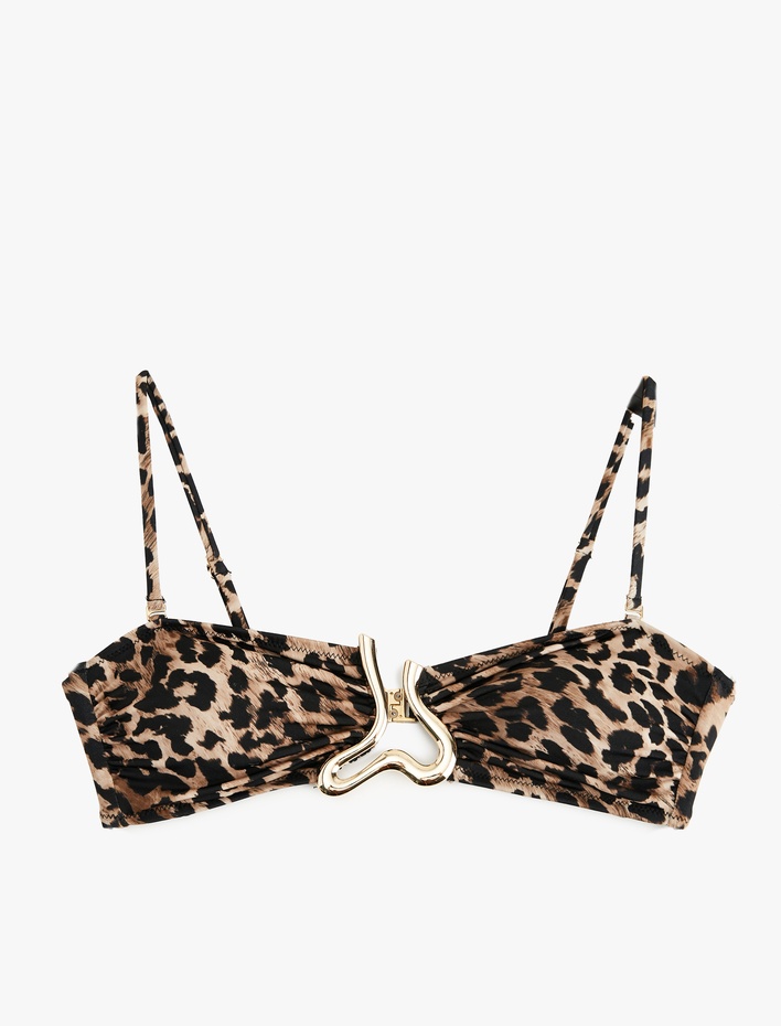  Çıkarılabilir Askı Detaylı Aksesuarlı Leopar Desenli Straplez Bikini Üstü