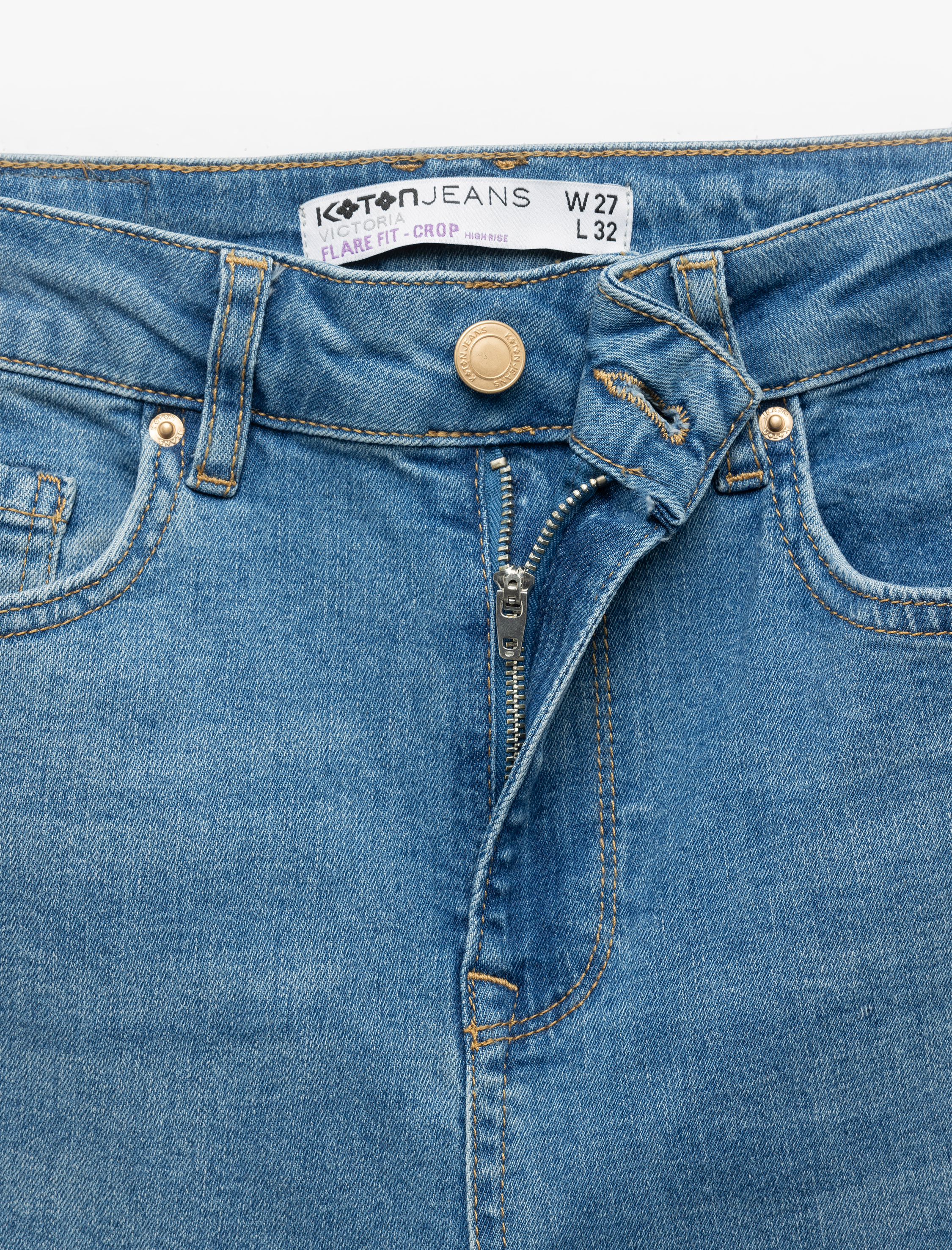   Yüksek Bel Dar Kalıp Düğmeli Cepli İspanyol Paça Crop Jean Pantolon - Flare Jeans