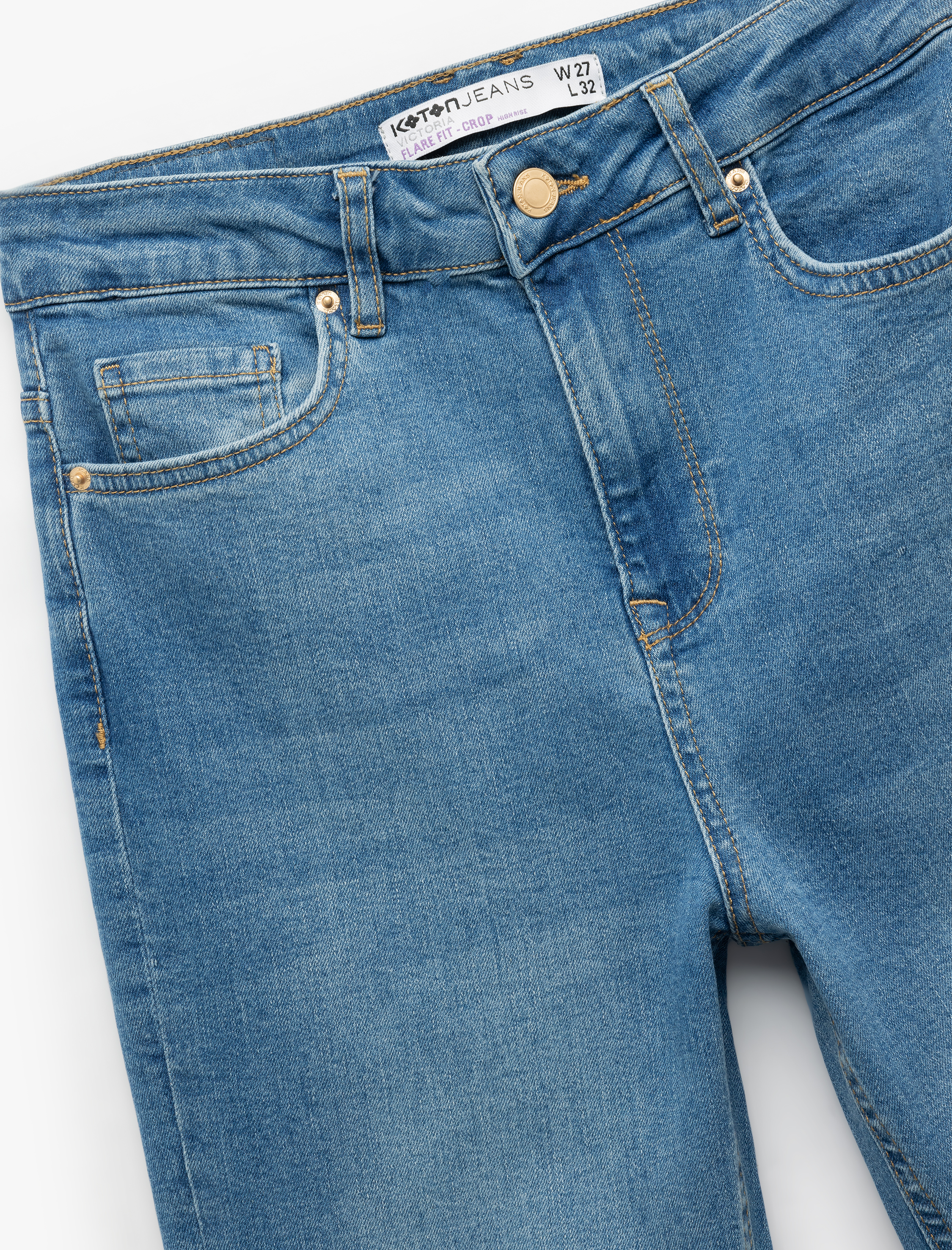  Yüksek Bel Dar Kalıp Düğmeli Cepli İspanyol Paça Crop Jean Pantolon - Flare Jeans