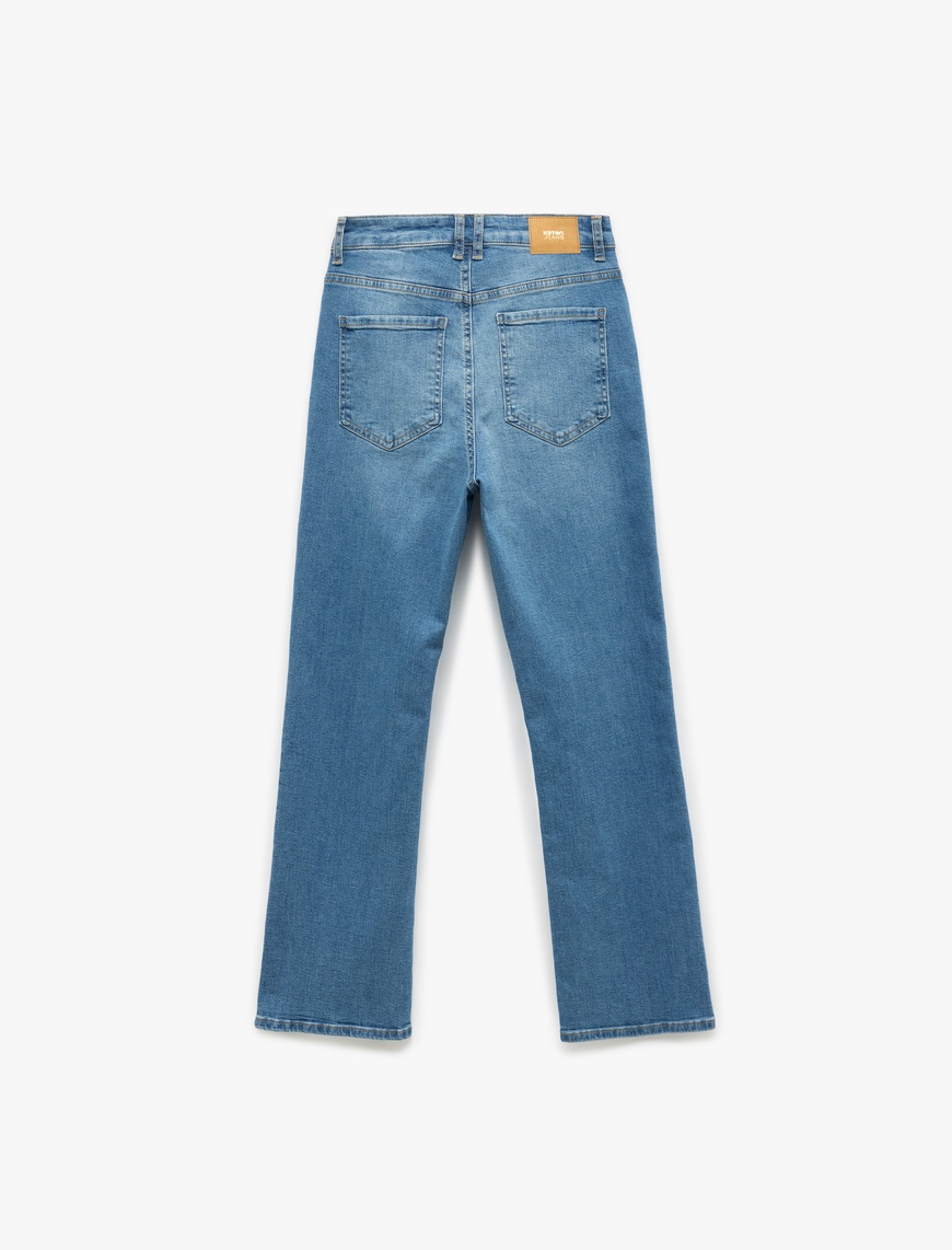   Yüksek Bel Dar Kalıp Düğmeli Cepli İspanyol Paça Crop Jean Pantolon - Flare Jeans