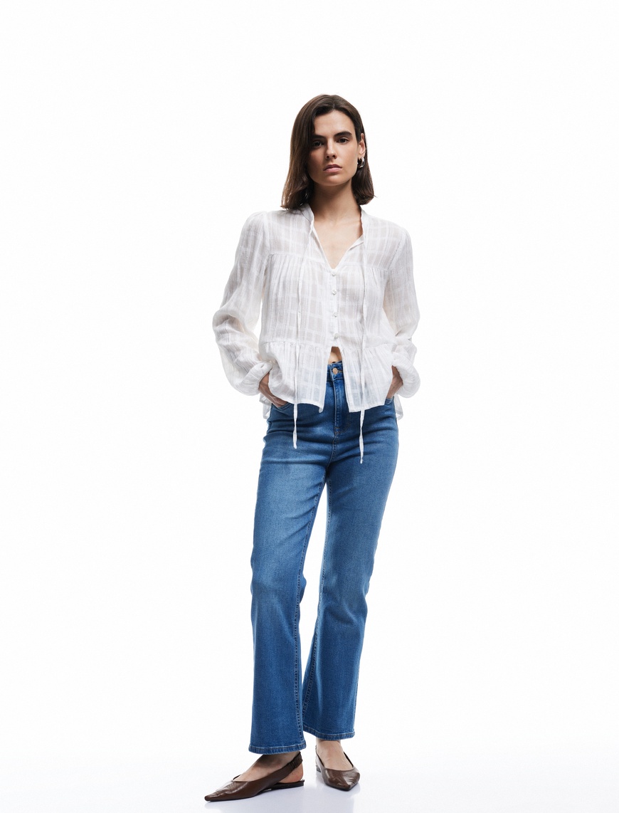   Yüksek Bel Dar Kalıp Düğmeli Cepli İspanyol Paça Crop Jean Pantolon - Flare Jeans