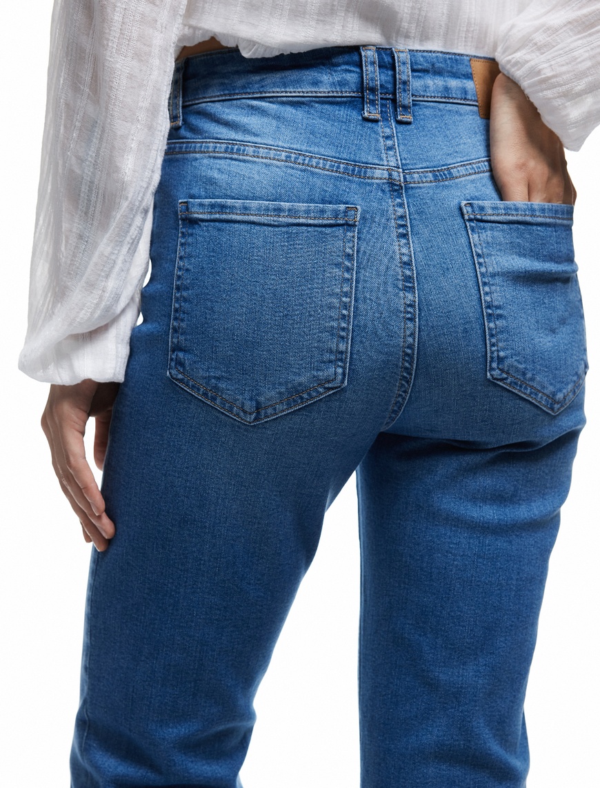   Yüksek Bel Dar Kalıp Düğmeli Cepli İspanyol Paça Crop Jean Pantolon - Flare Jeans