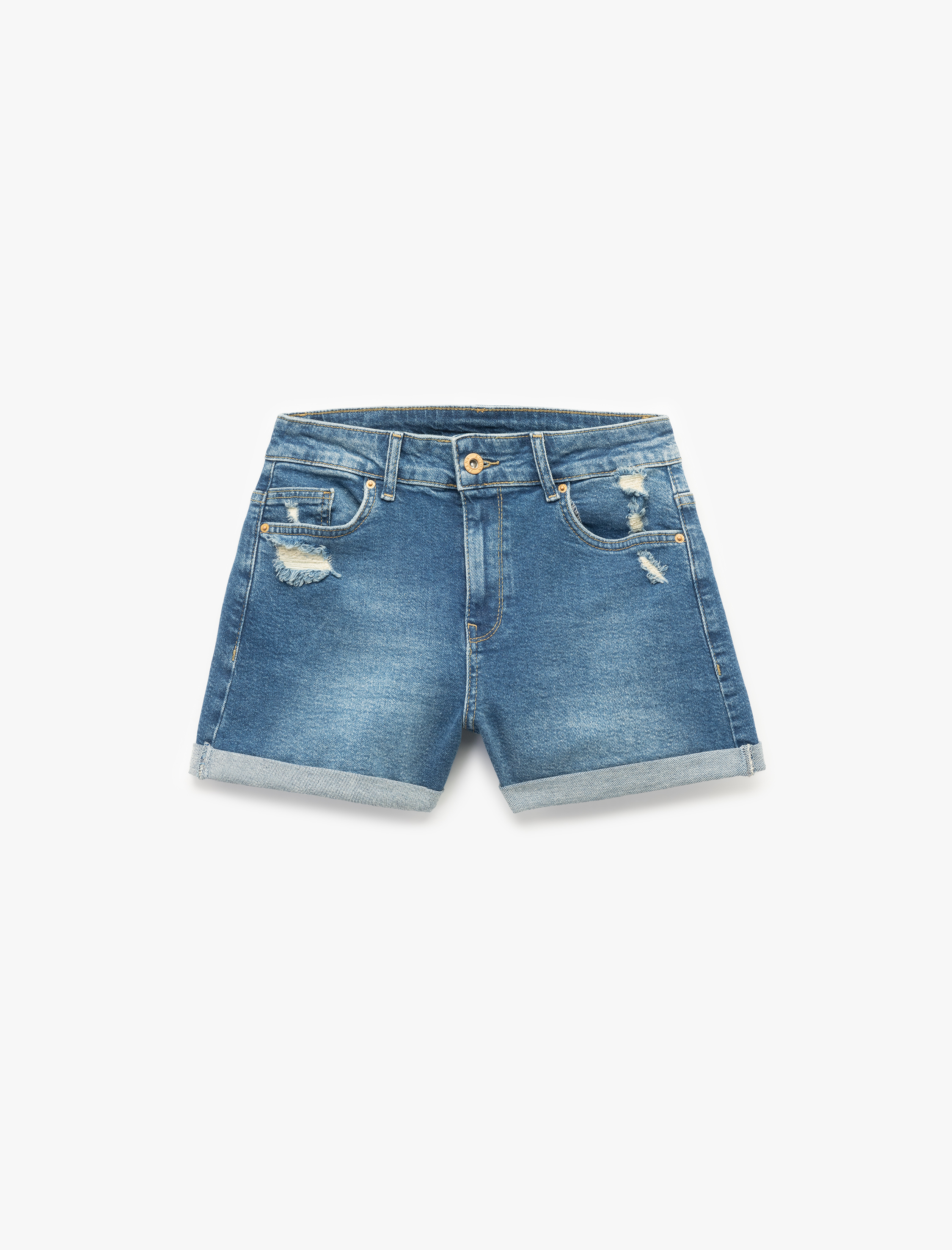   Katlı Paça Yıpratılmış Düğmeli Cepli Skinny Fit Mini Denim Şort