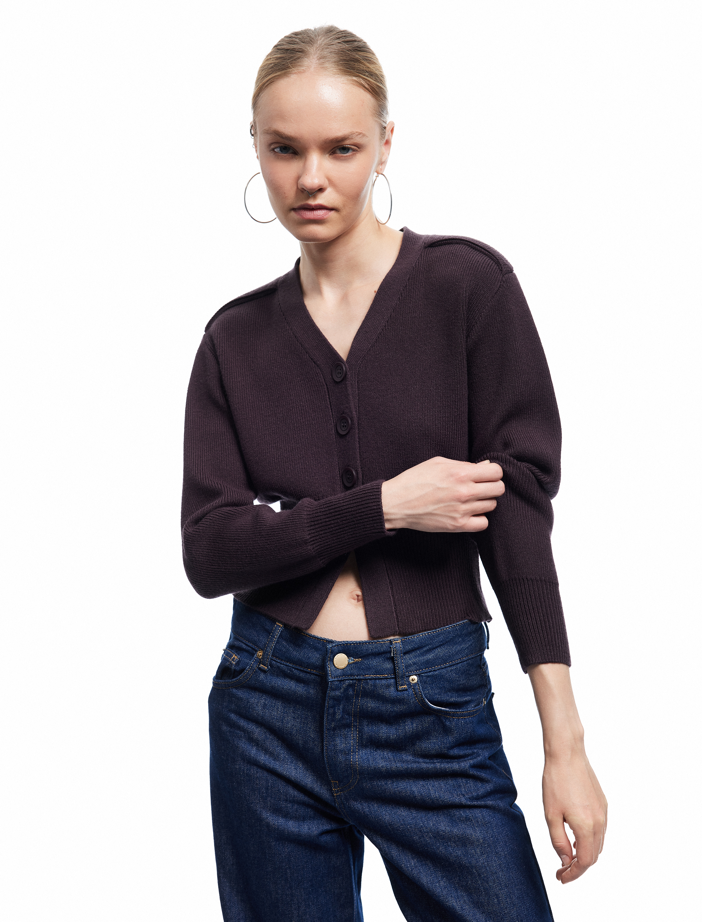   Viskon Karışımlı Düğmeli Uzun Kollu V Yaka Crop Hırka