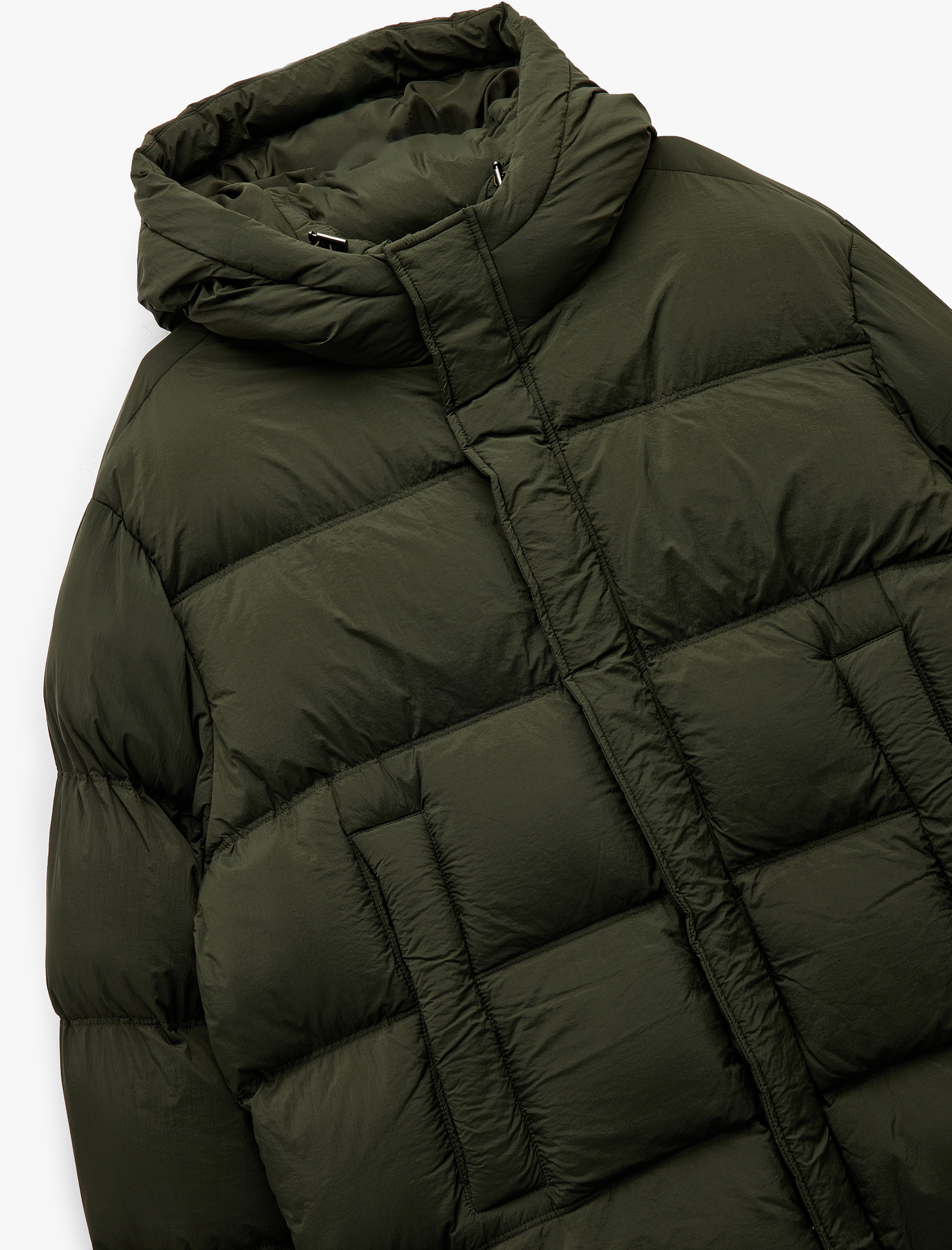   Kapüşonlu Cep Detaylı Fermuarlı Uzun Şişme Mont