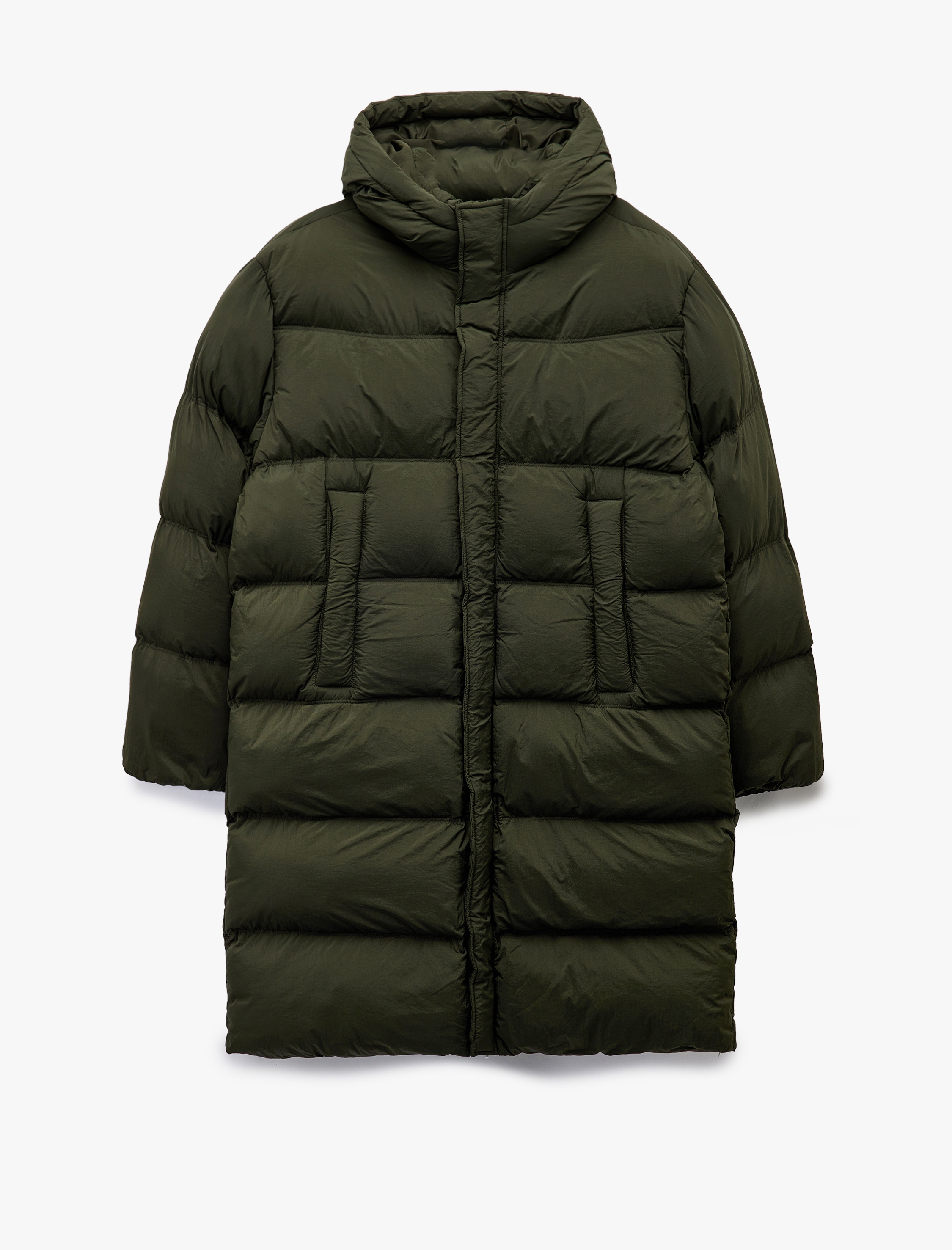   Kapüşonlu Cep Detaylı Fermuarlı Uzun Şişme Mont