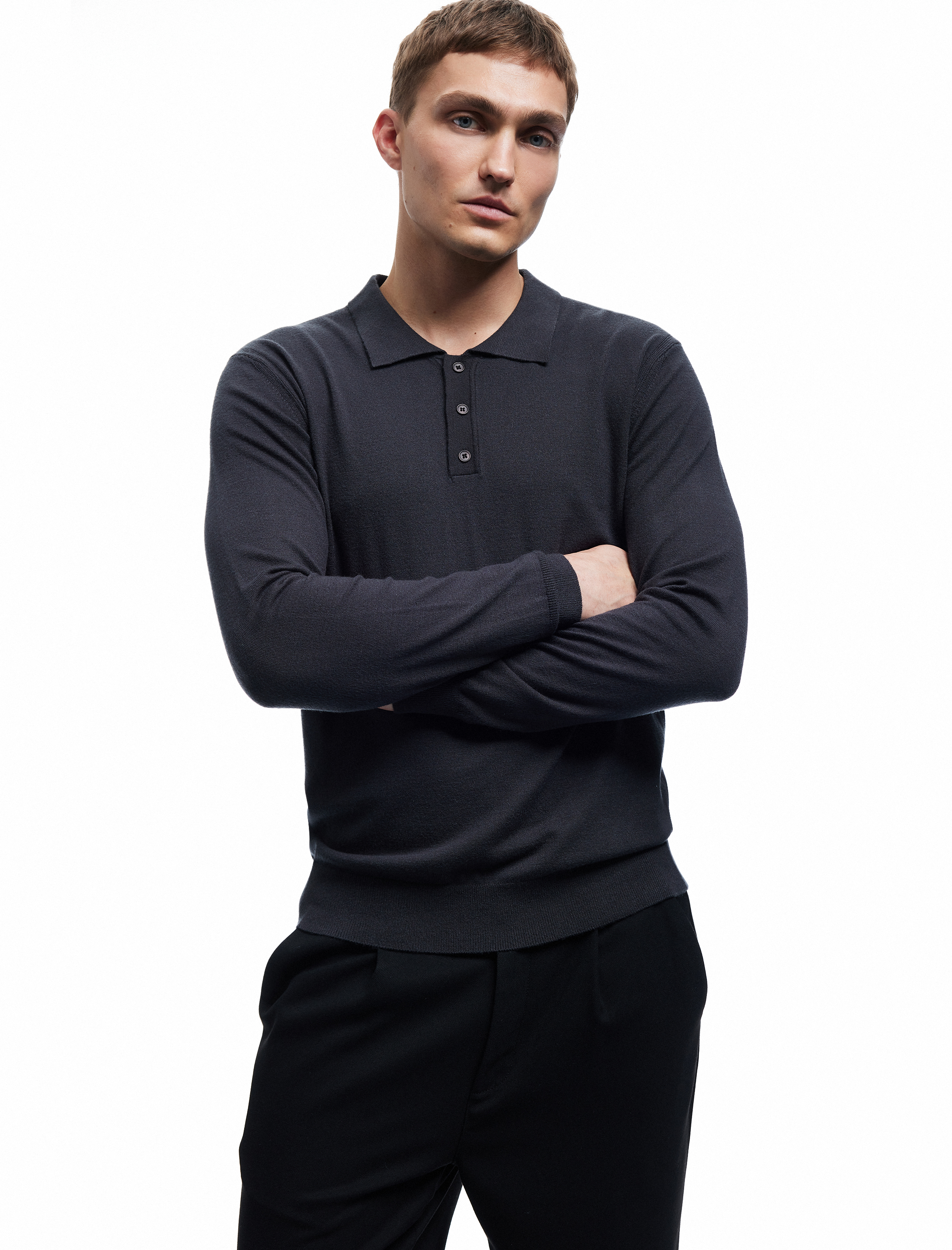 Uzun Kollu Düğmeli Polo Yaka Triko Kazak