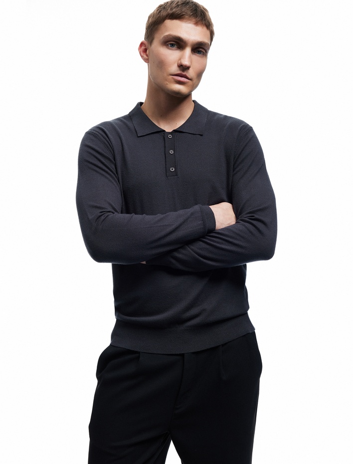  Uzun Kollu Düğmeli Polo Yaka Triko Kazak