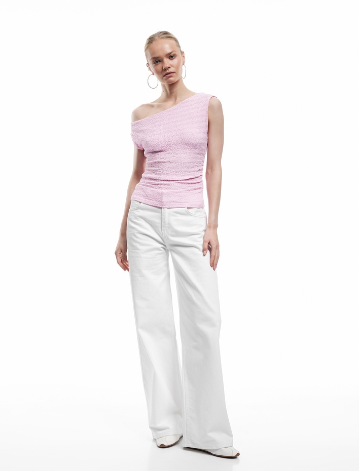  Drapeli Asimetrik Yaka Bürümcük Kolsuz Bluz