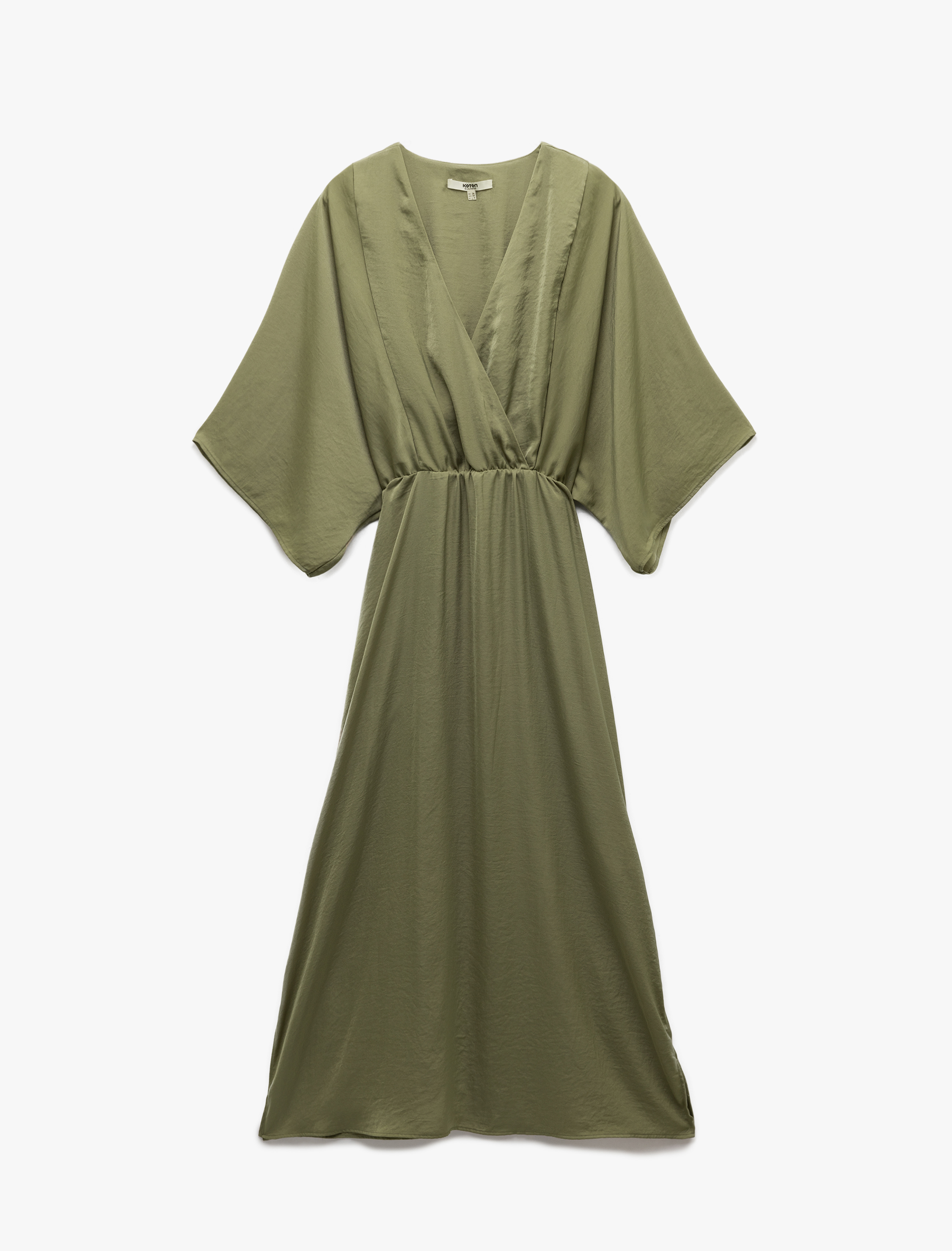   Aerobin Kumaş Bol Kalıp Kruvaze Yaka Yarım Yarasa Kollu Uzun Saten Elbise