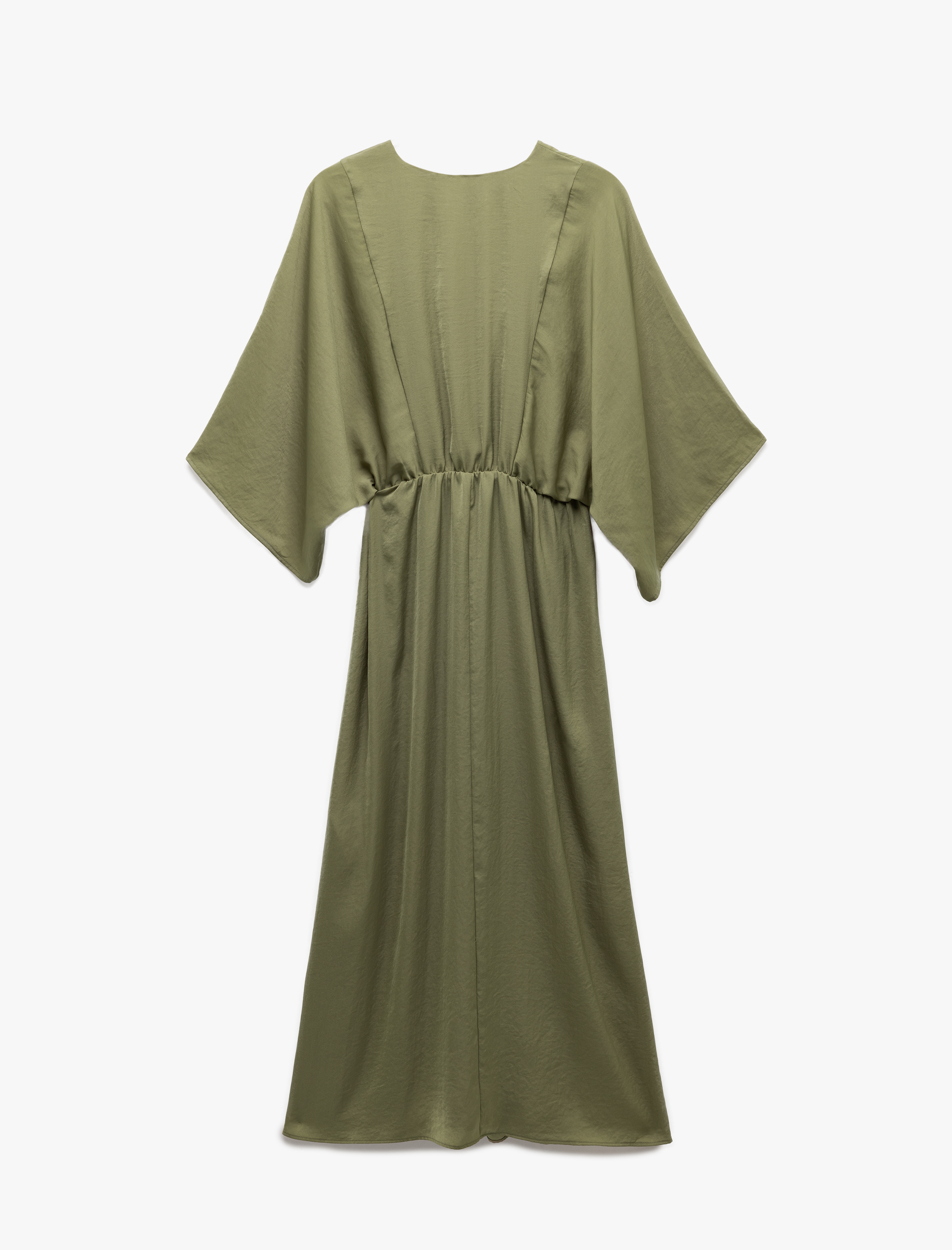   Aerobin Kumaş Bol Kalıp Kruvaze Yaka Yarım Yarasa Kollu Uzun Saten Elbise