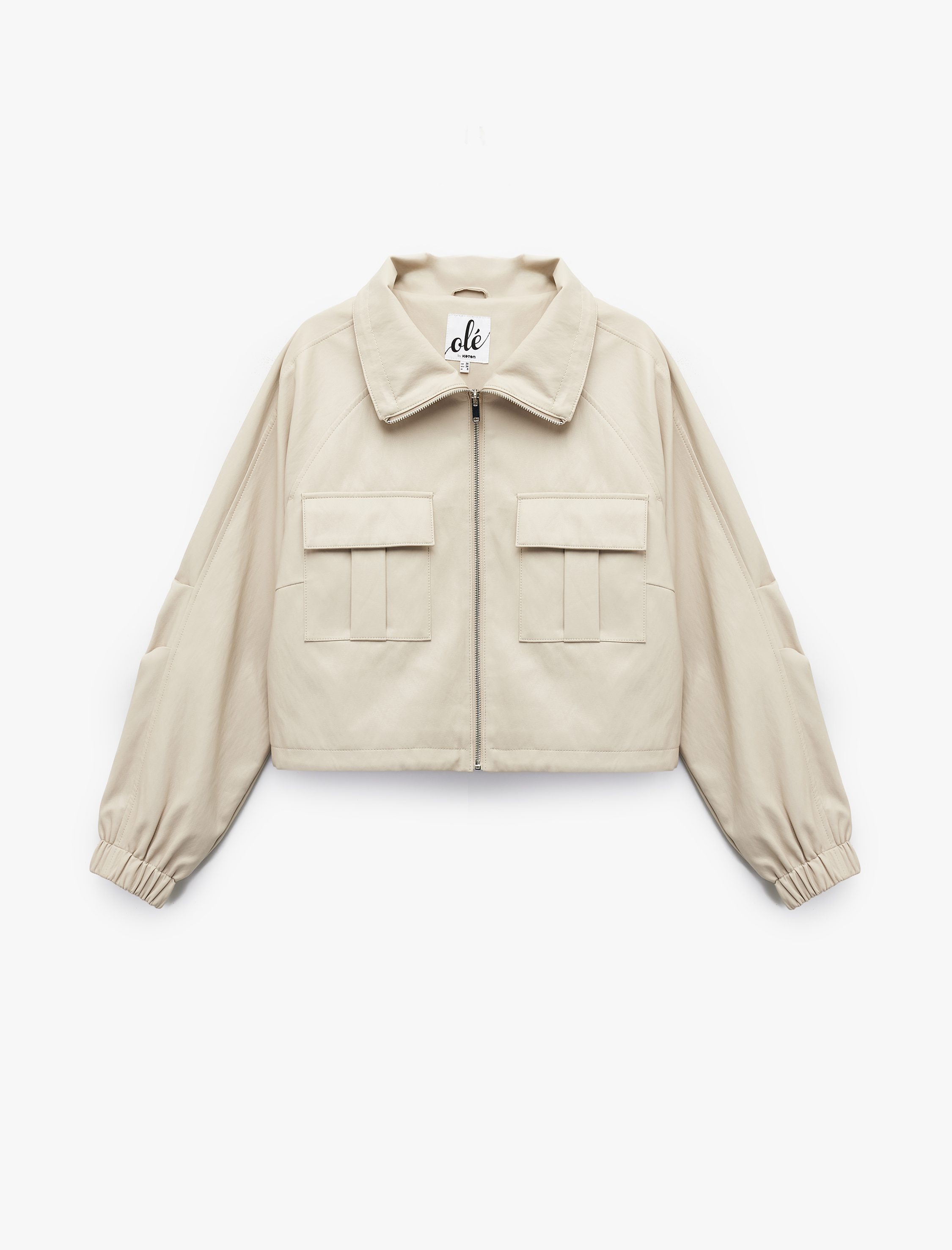   Uzun Kollu Dik Yaka Cep Detaylı Fermuarlı Oversize Viskon Ceket