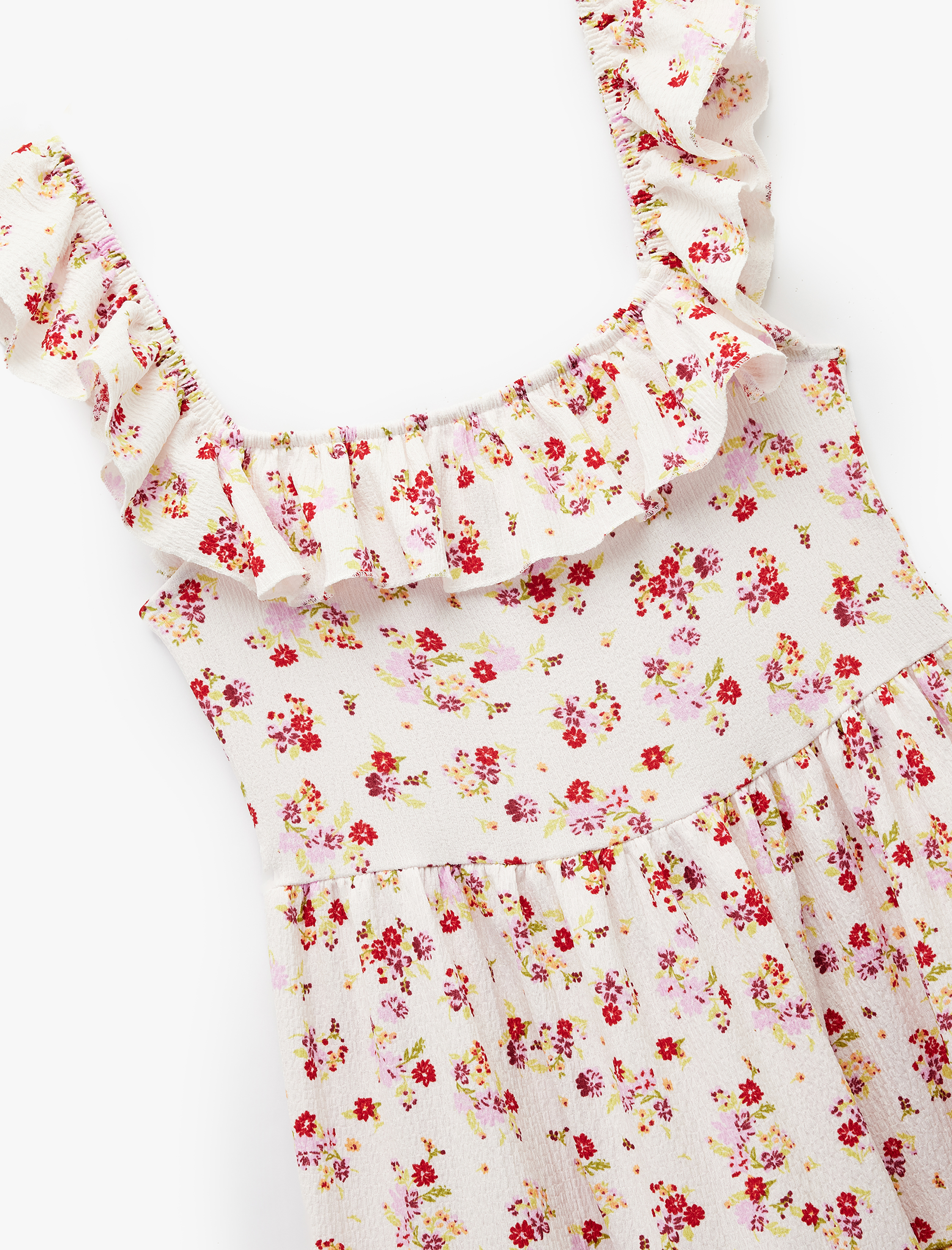   Kare Yaka Kolsuz Çiçekli Fırfırlı Mini Elbise