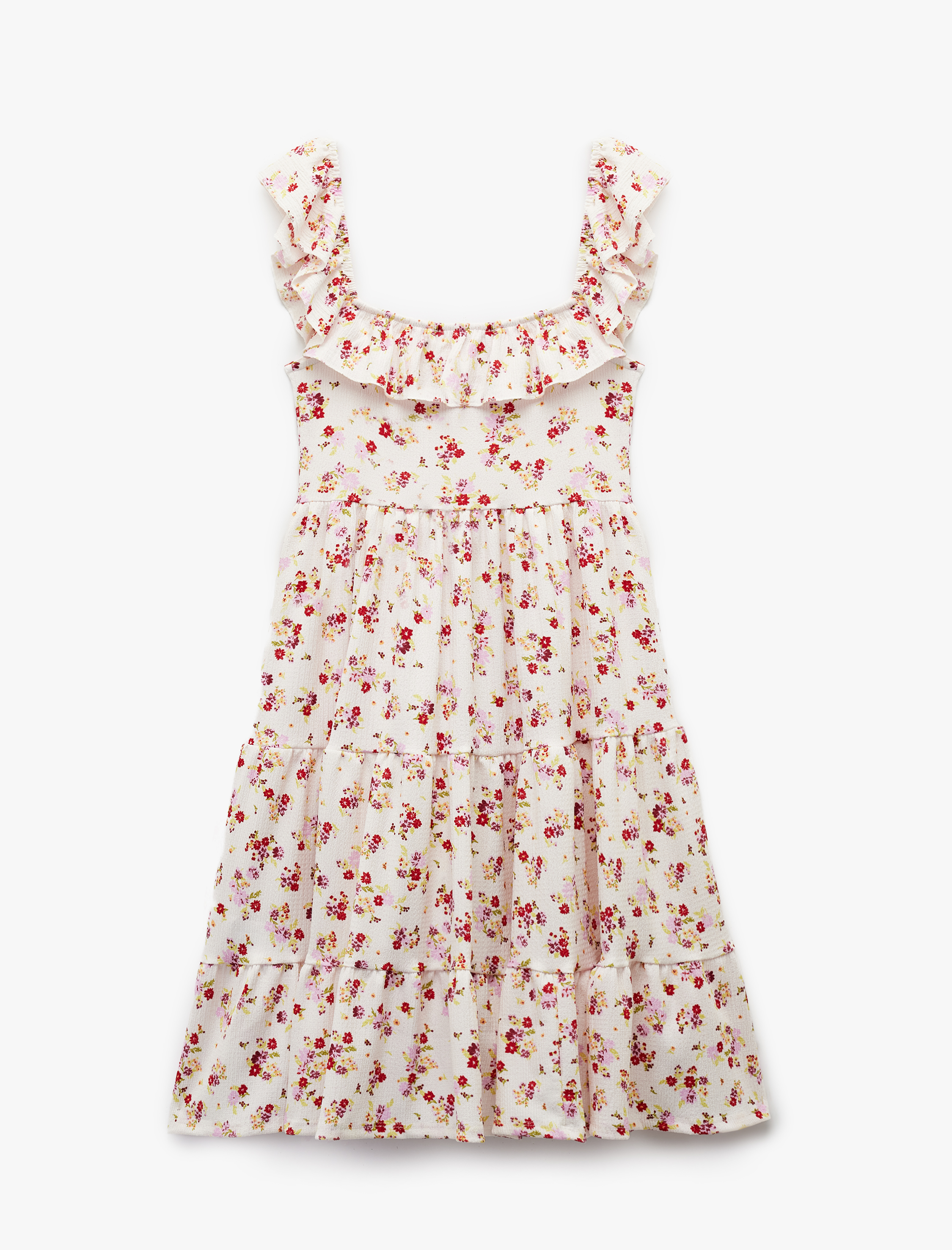   Kare Yaka Kolsuz Çiçekli Fırfırlı Mini Elbise