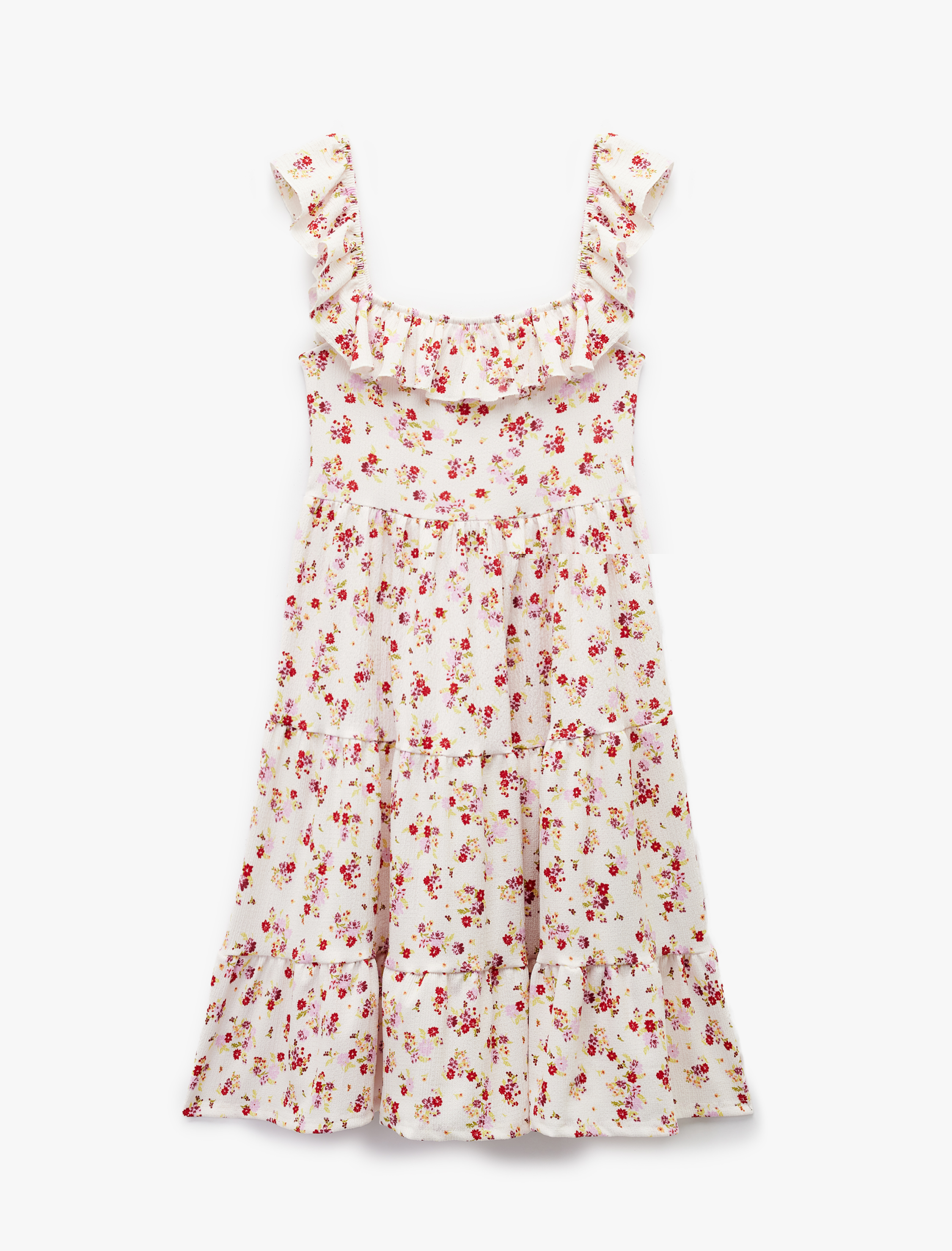   Kare Yaka Kolsuz Çiçekli Fırfırlı Mini Elbise