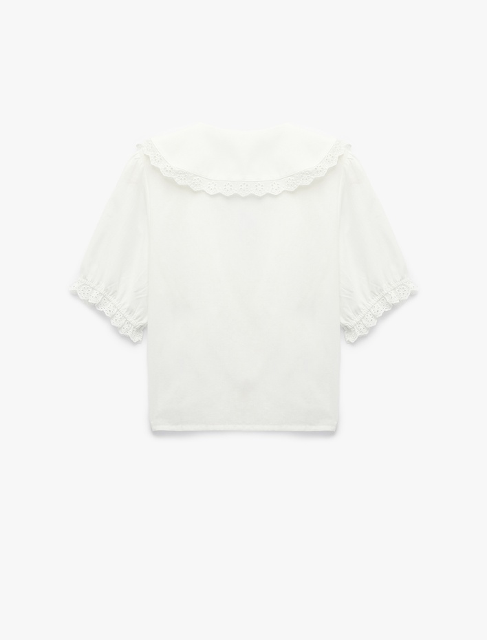  Düğmeli Kısa Balon Kollu Fistolu Brodeli Geniş Bebe Yaka Gömlek