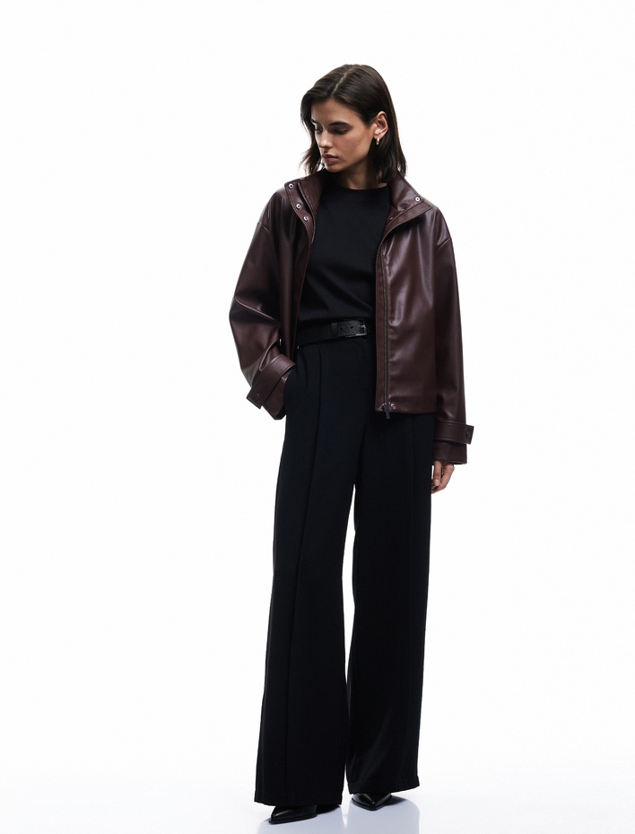  Astarlı Uzun Kollu Dik Yaka Fermuarlı Suni Deri Ceket