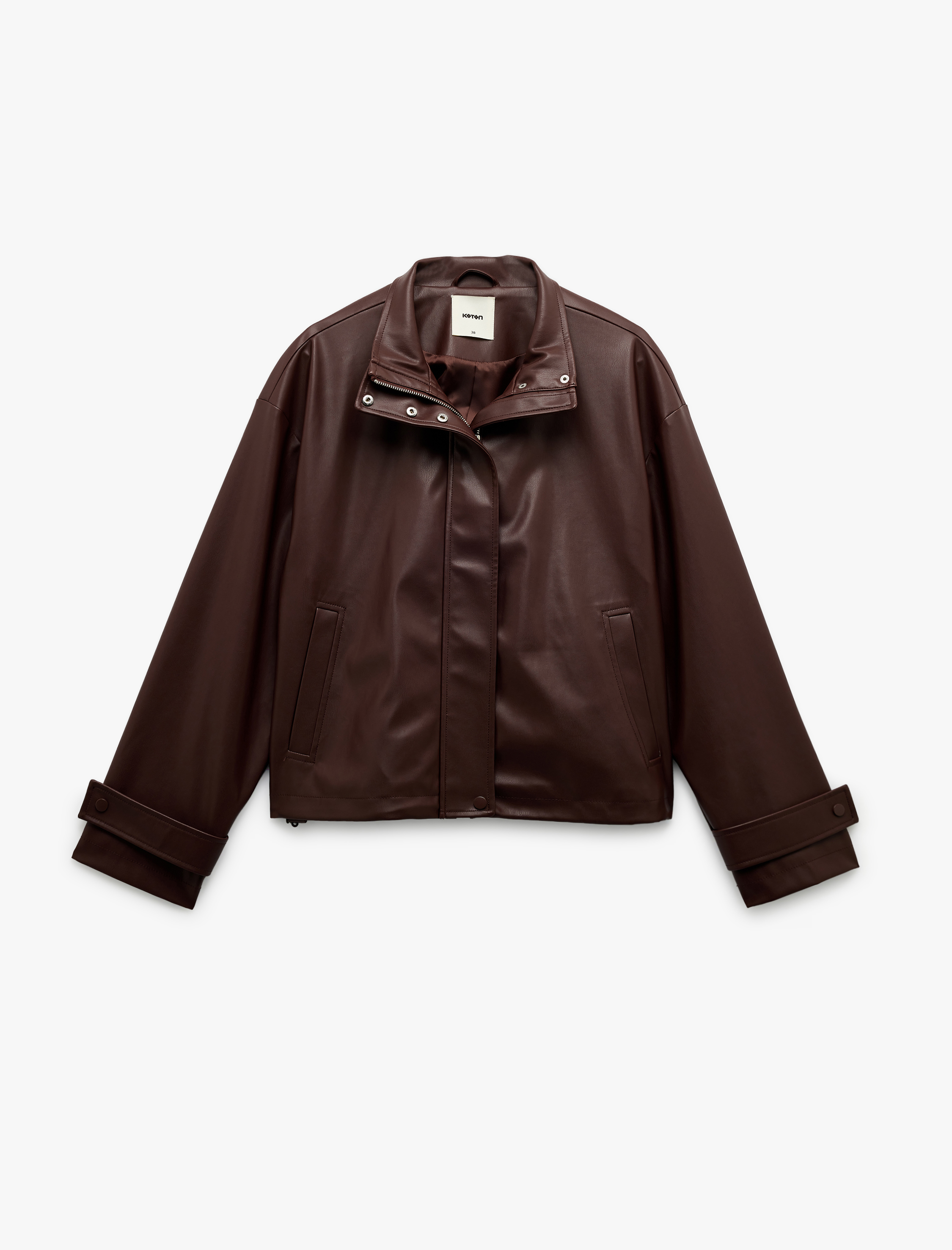 Astarlı Uzun Kollu Dik Yaka Fermuarlı Suni Deri Ceket