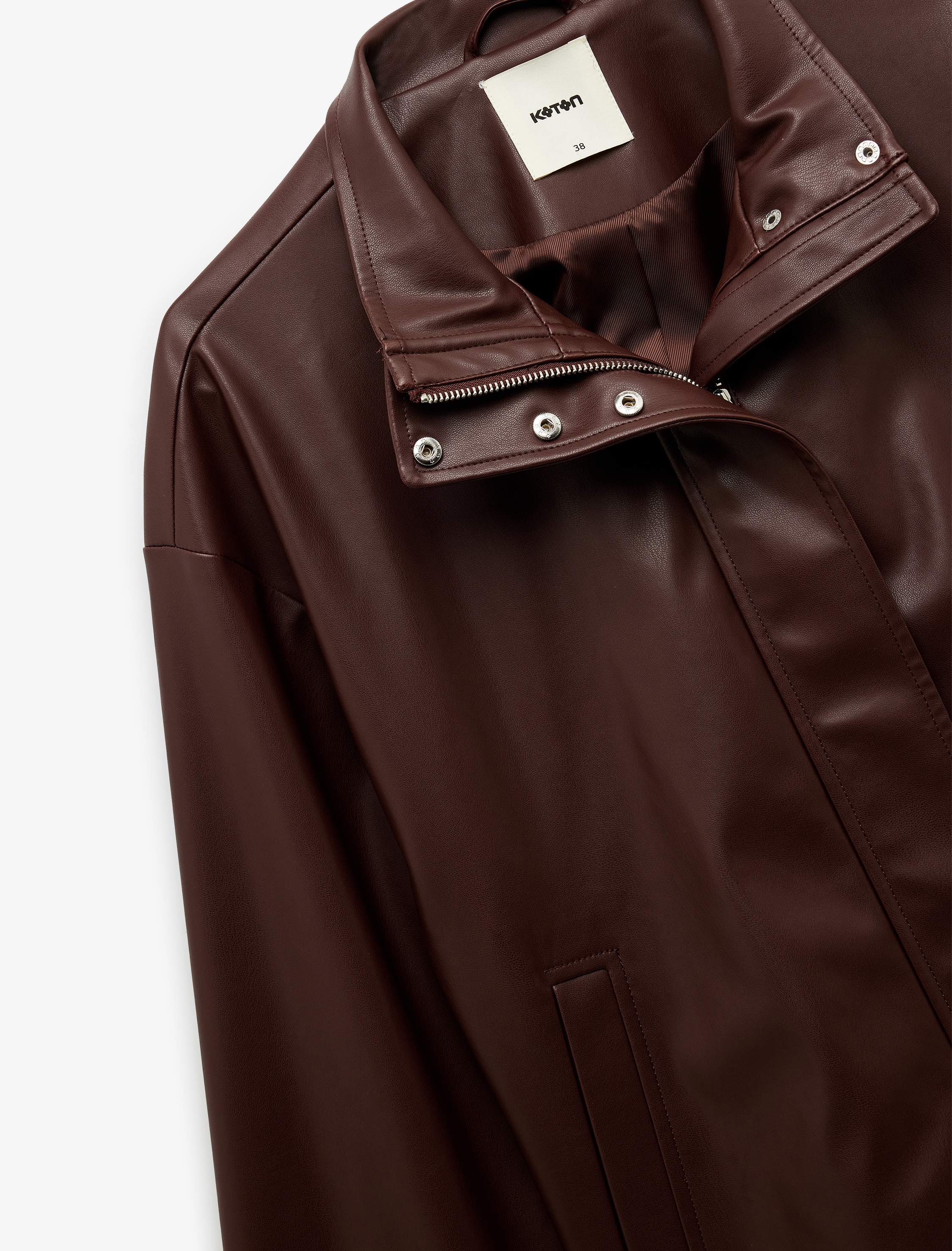 Astarlı Uzun Kollu Dik Yaka Fermuarlı Suni Deri Ceket