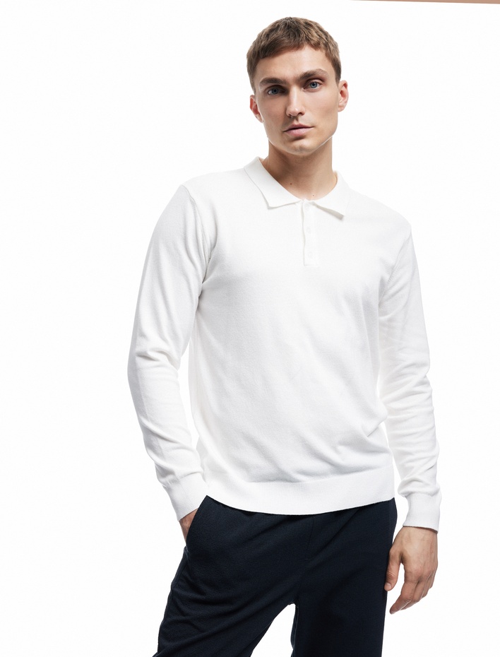  Uzun Kollu Düğmeli Polo Yaka Triko Kazak