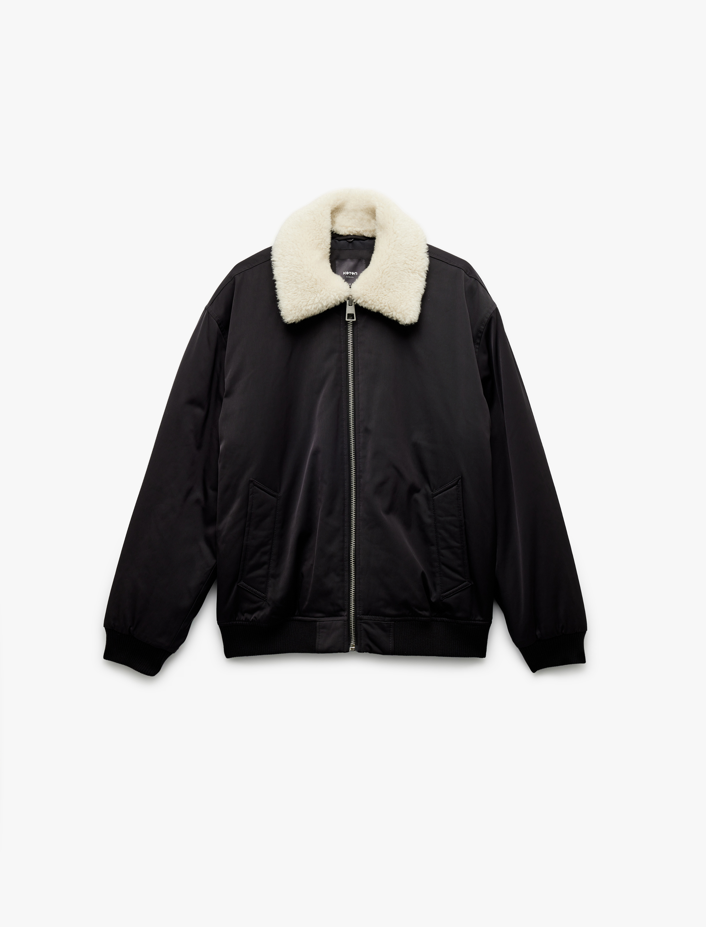 Uzun Kollu Cep Detaylı Fermuarlı Peluş Yaka Şişme Mont