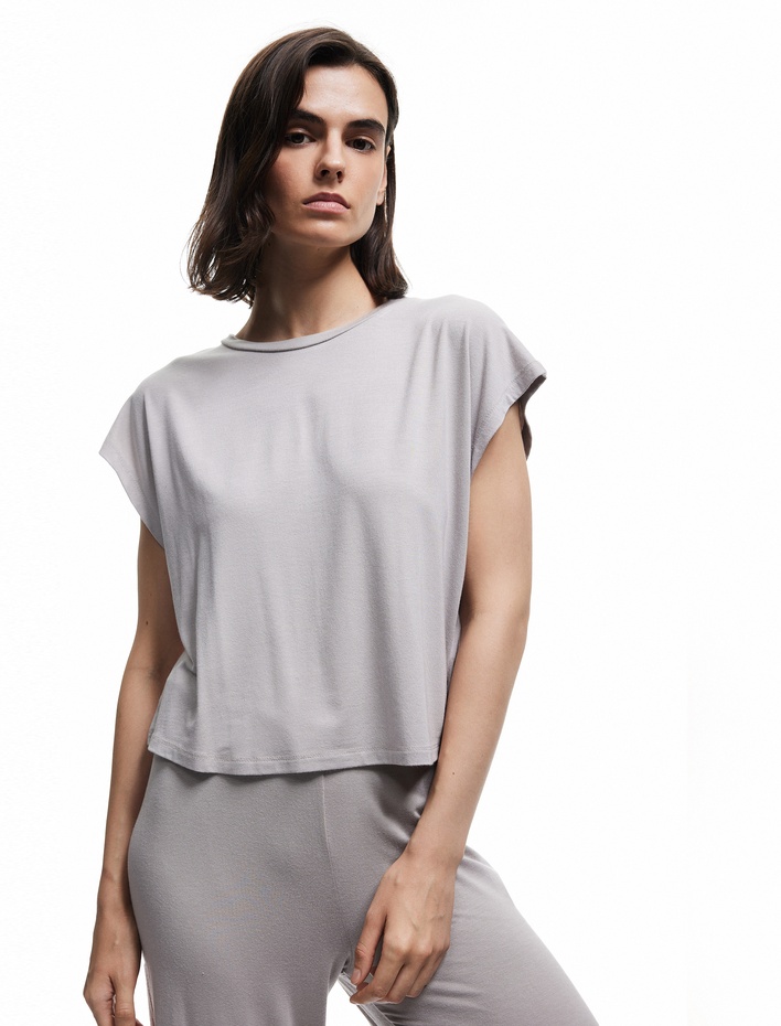  Modal Kumaş Rahat Kalıp Bisiklet Yaka Crop Kolsuz Tişört Pijama Üstü