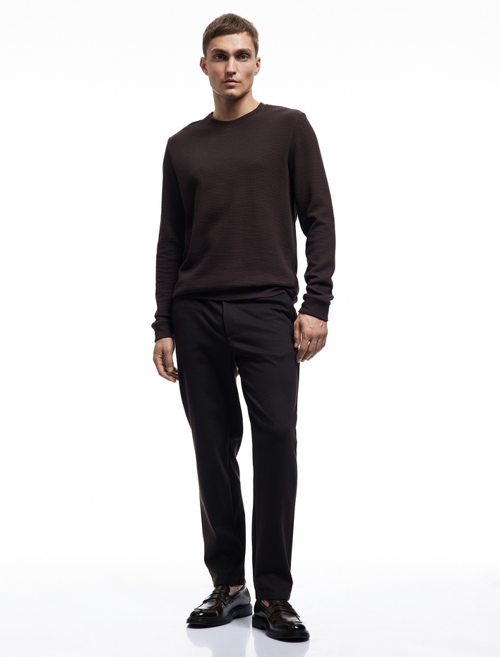  Pamuklu Uzun Kollu Dokulu Basic Bisiklet Yaka Sweatshirt