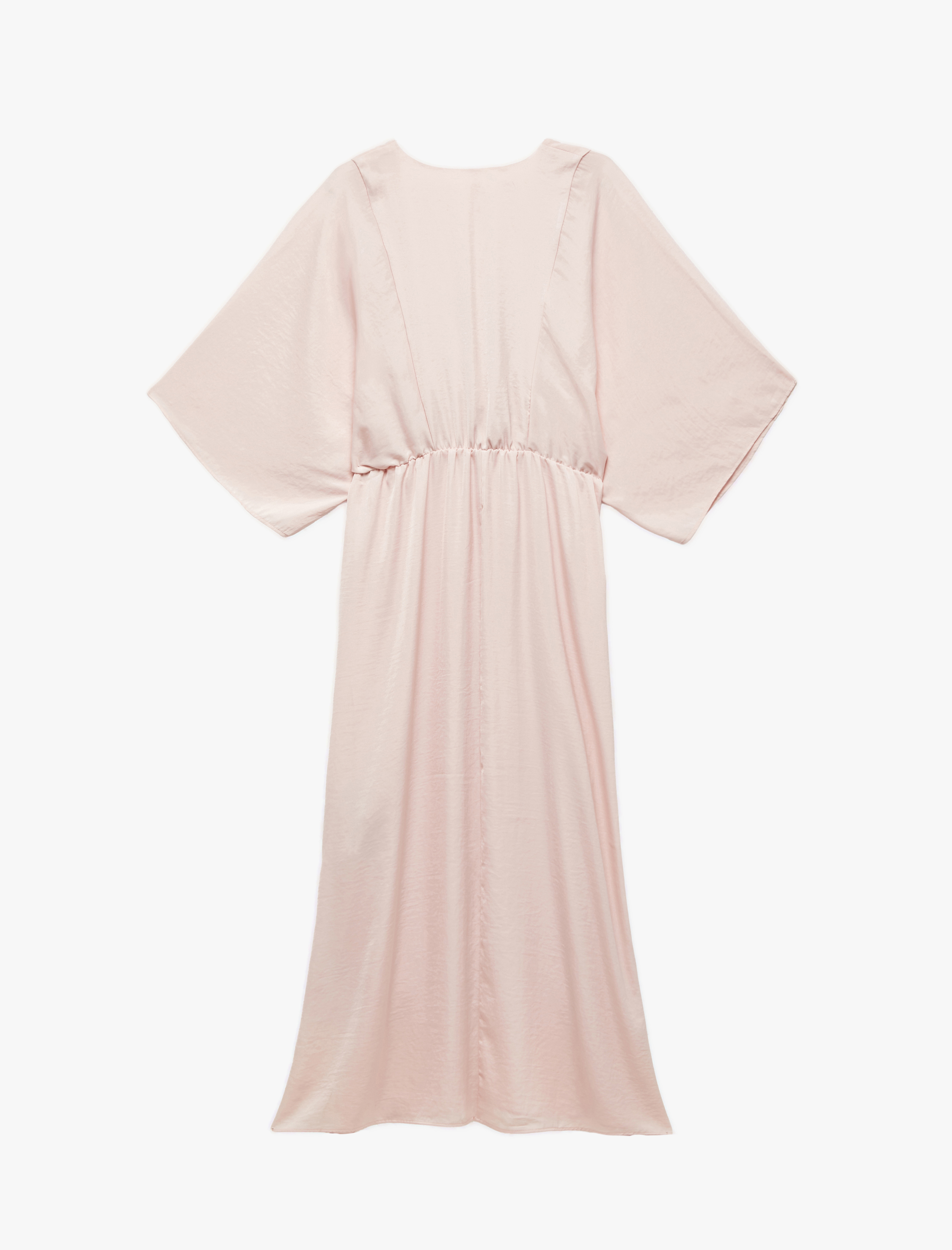   Aerobin Kumaş Bol Kalıp Kruvaze Yaka Yarım Yarasa Kollu Uzun Saten Elbise