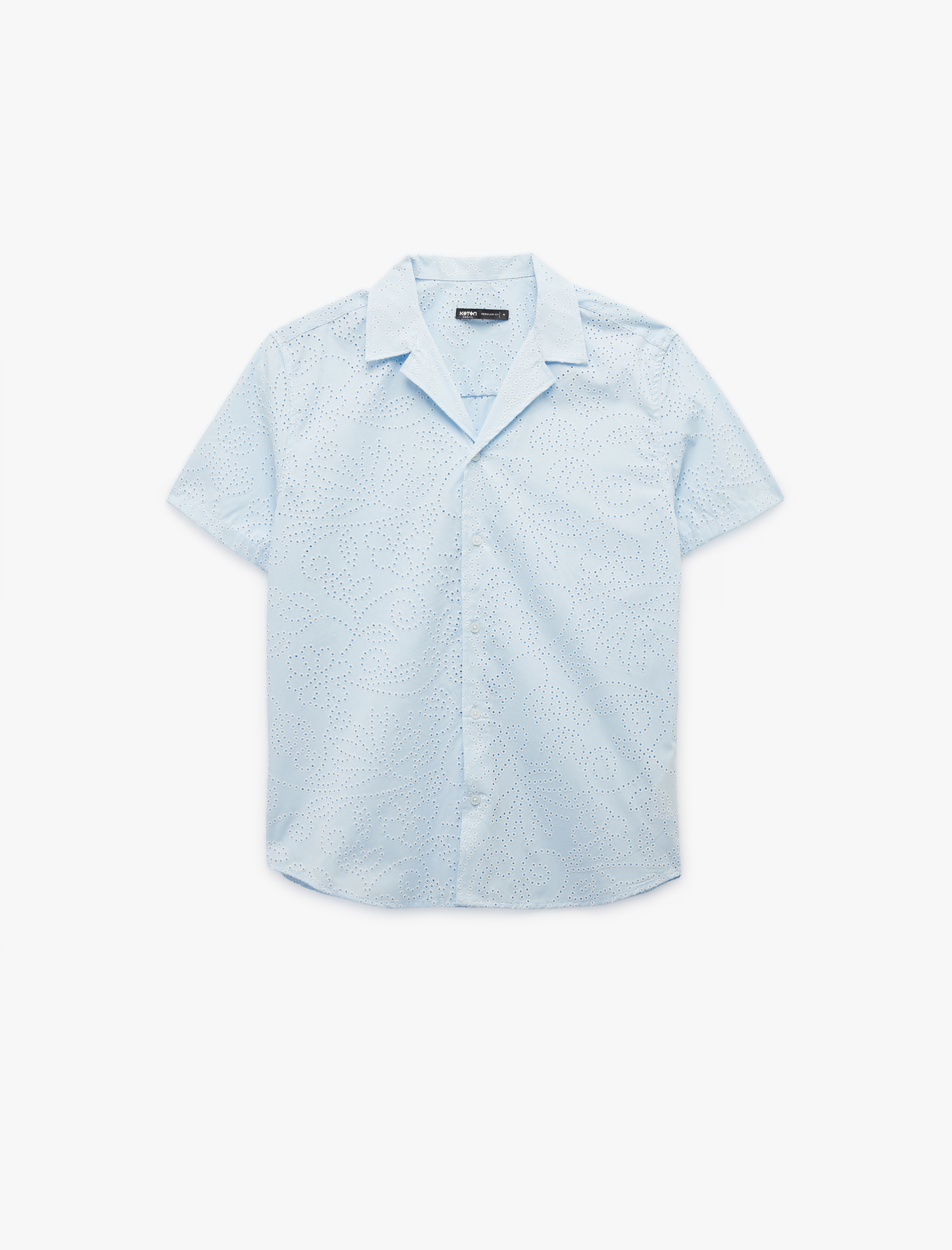 Pamuklu Regular Fit Apaş Yaka Çiçekli Brodeli Kısa Kollu Gömlek