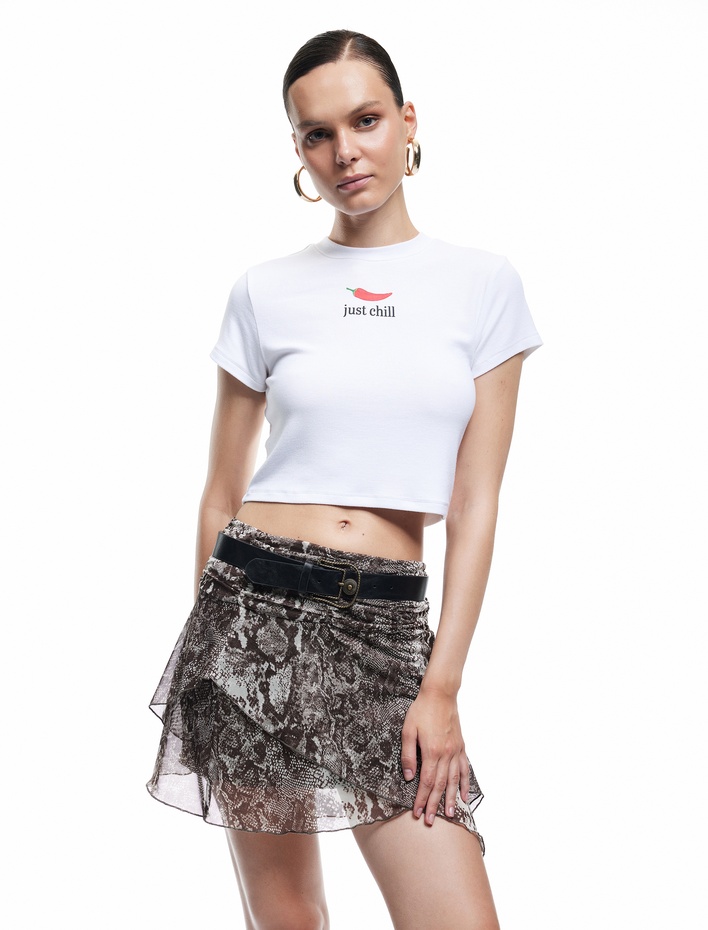  Astarlı Tül Asimetrik Kesim Fırfırlı Yılan Desenli Mini Etek