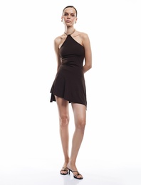 Slim Fit Asimetrik Kesim Aksesuar Detaylı Halter Yaka Mini Elbise