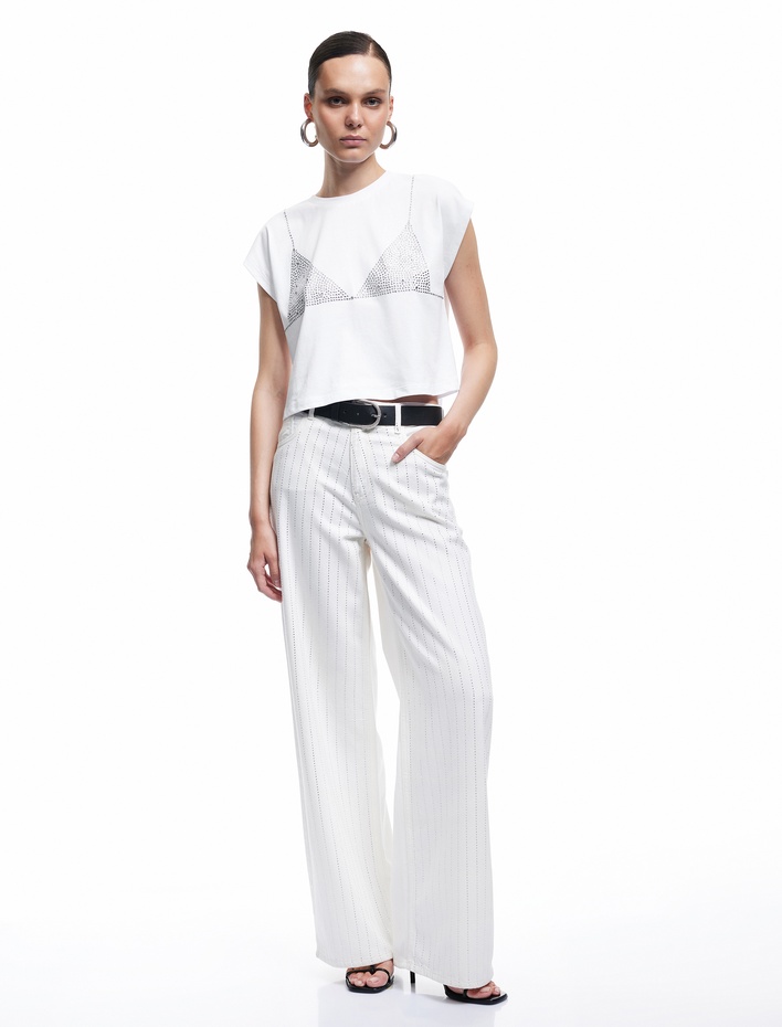  Kısa Kap Kollu Bisiklet Yaka Taş Detaylı Tişört