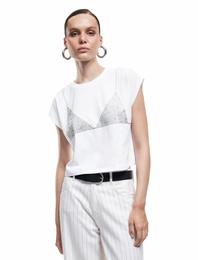 Kısa Kap Kollu Bisiklet Yaka Taş Detaylı Tişört