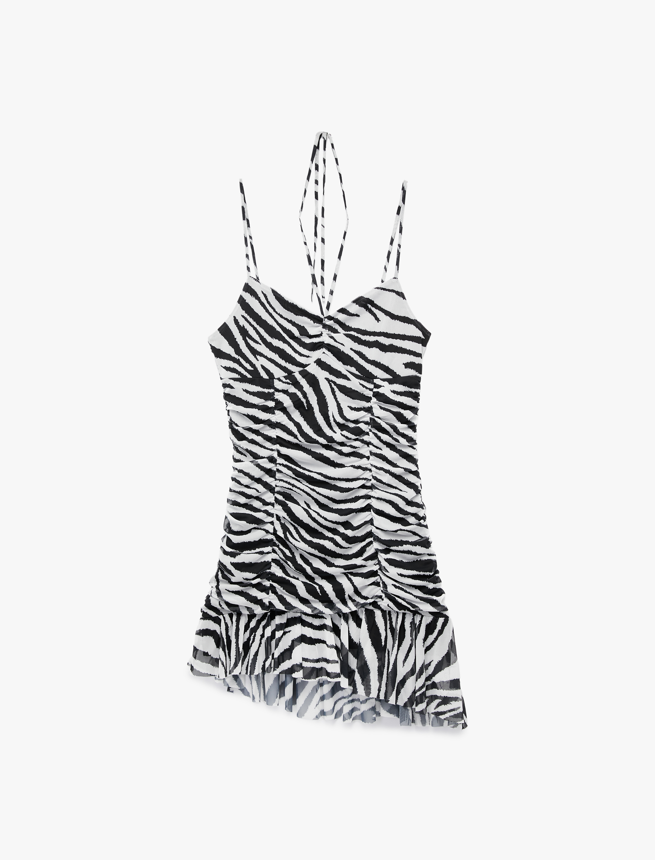   Koton X Zeynep Bastık - Slim Fit Fırfırlı Drapeli Zebra Desenli İnce Askılı Mini Elbise