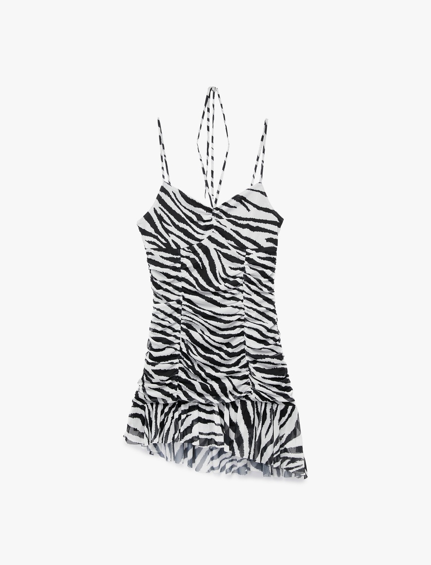   Koton X Zeynep Bastık - Slim Fit Fırfırlı Drapeli Zebra Desenli İnce Askılı Mini Elbise