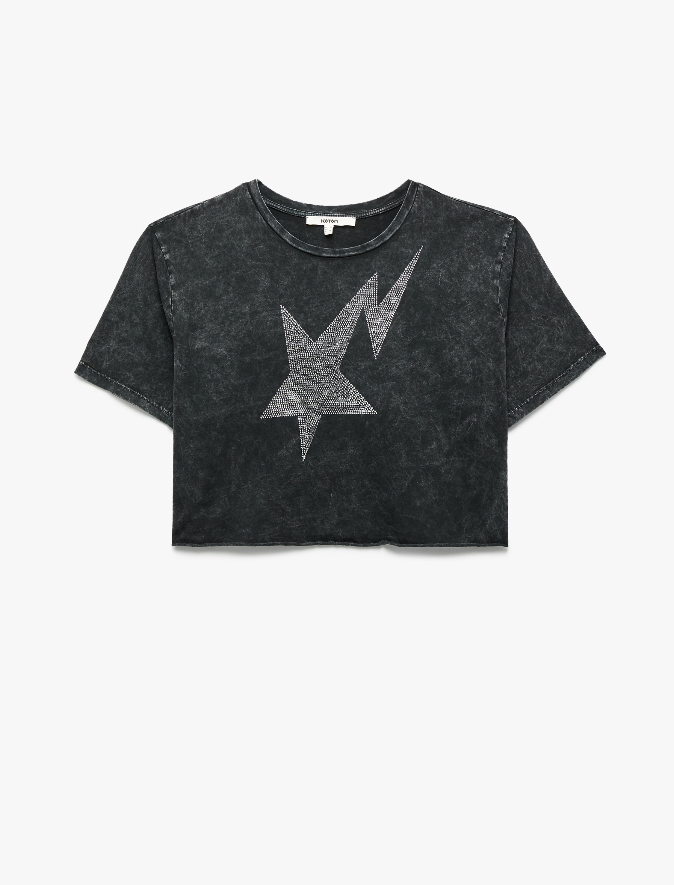   Koton X Zeynep Bastık - Slim Fit Bisiklet Yaka Kısa Kollu Yıldız Desenli Taşlı Crop Tişört