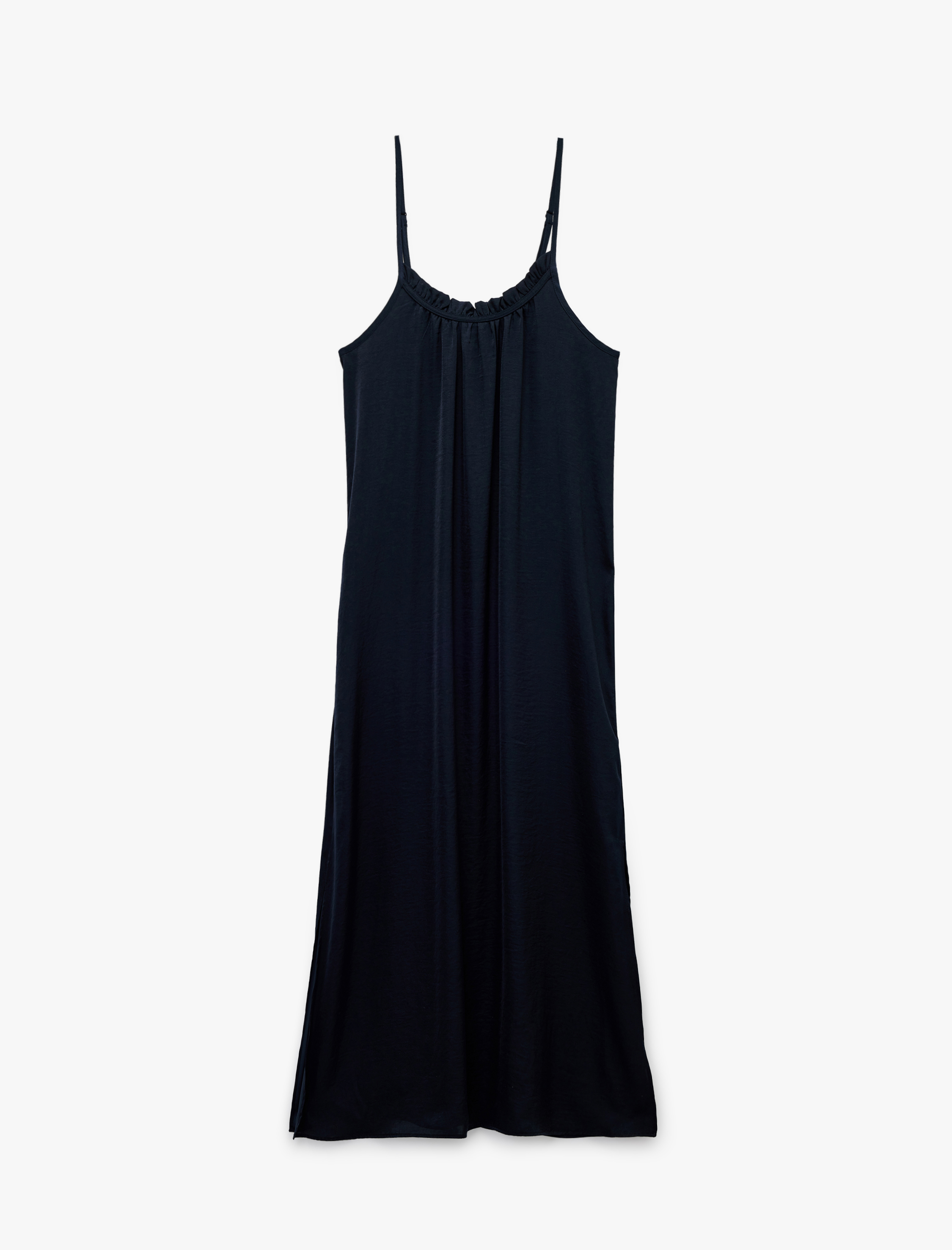   Aerobin Kumaş Bol Kalıp Fırfır Detaylı İnce Askılı Uzun Saten Elbise