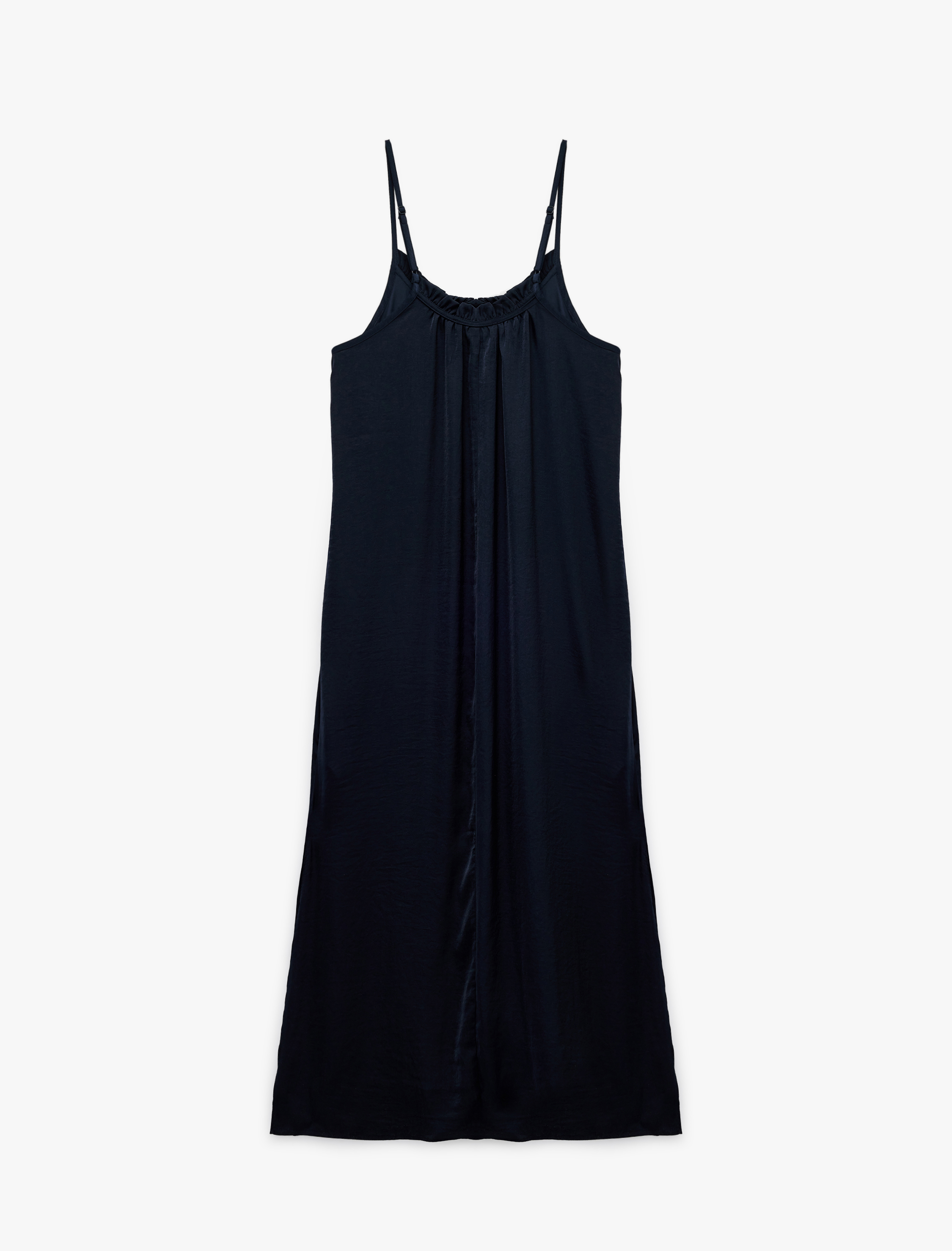   Aerobin Kumaş Bol Kalıp Fırfır Detaylı İnce Askılı Uzun Saten Elbise