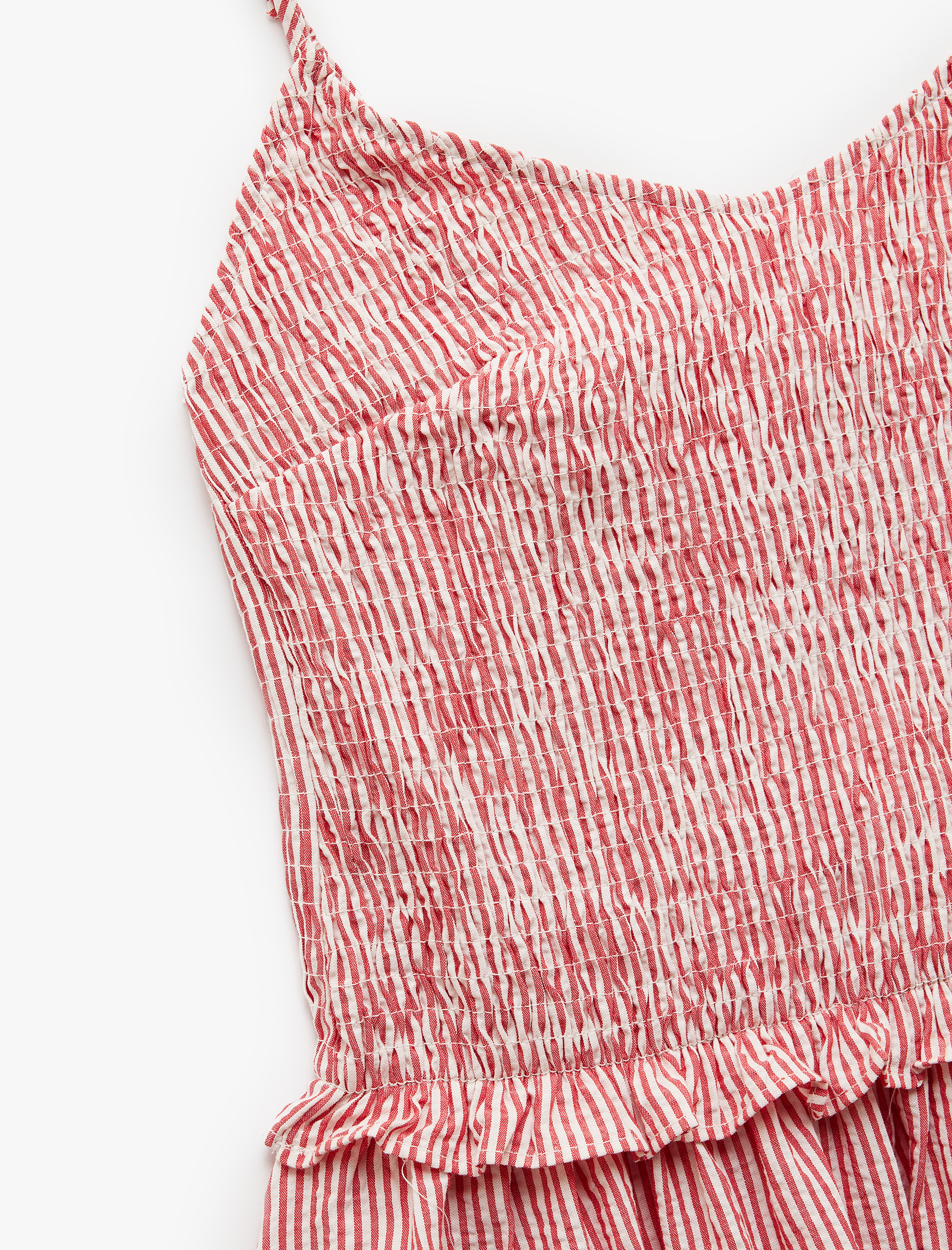 Pamuklu Fırfır Detaylı Gipeli Pötikareli İnce Askılı Midi Boy Kloş Elbise