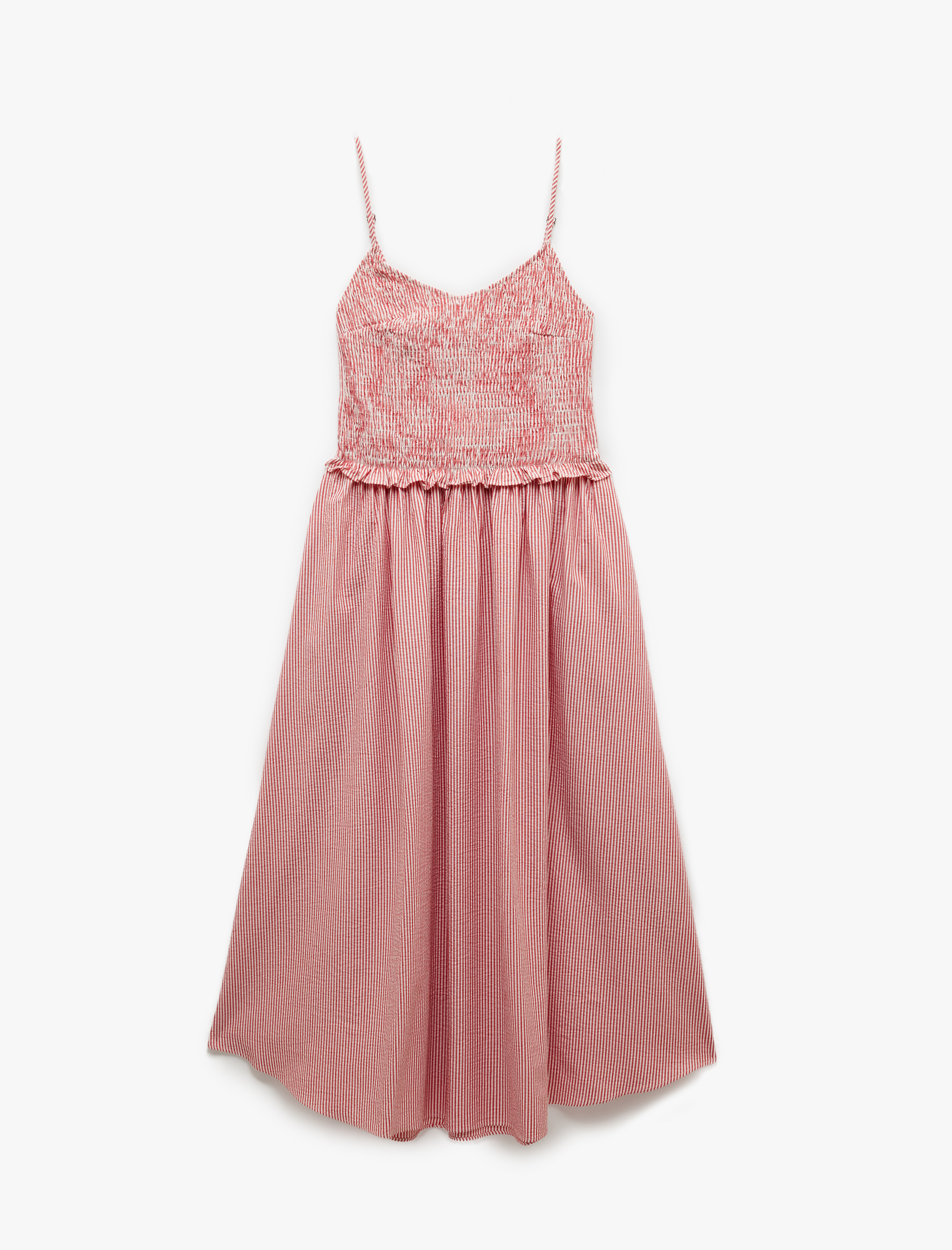 Pamuklu Fırfır Detaylı Gipeli Pötikareli İnce Askılı Midi Boy Kloş Elbise