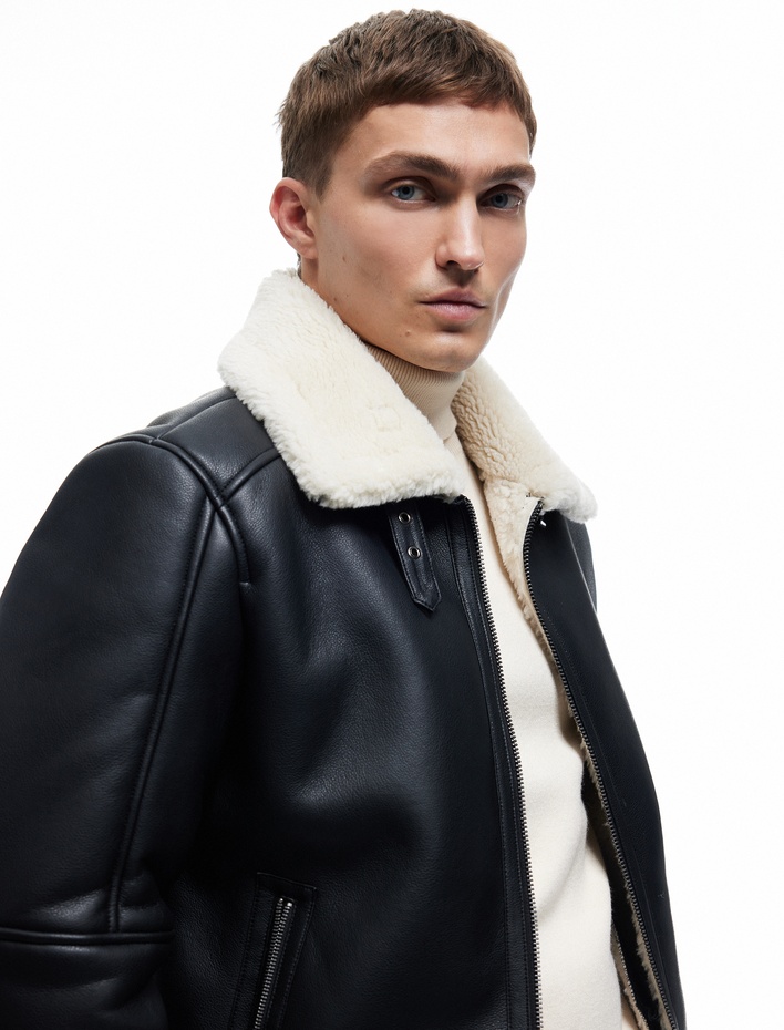  Uzun Kollu Cep Detaylı Fermuarlı Peluş Yaka Suni Deri Ceket