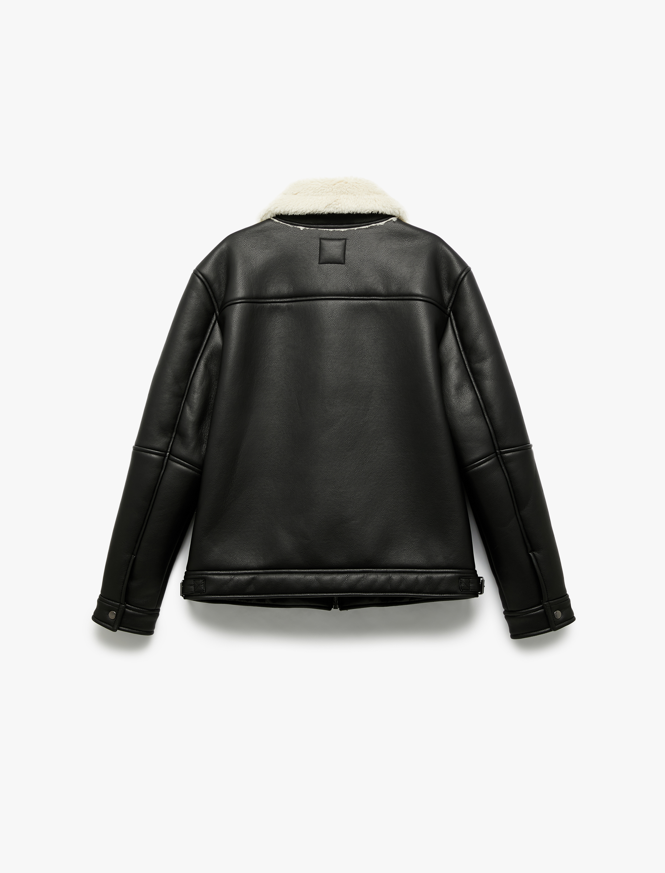   Uzun Kollu Cep Detaylı Fermuarlı Peluş Yaka Suni Deri Ceket