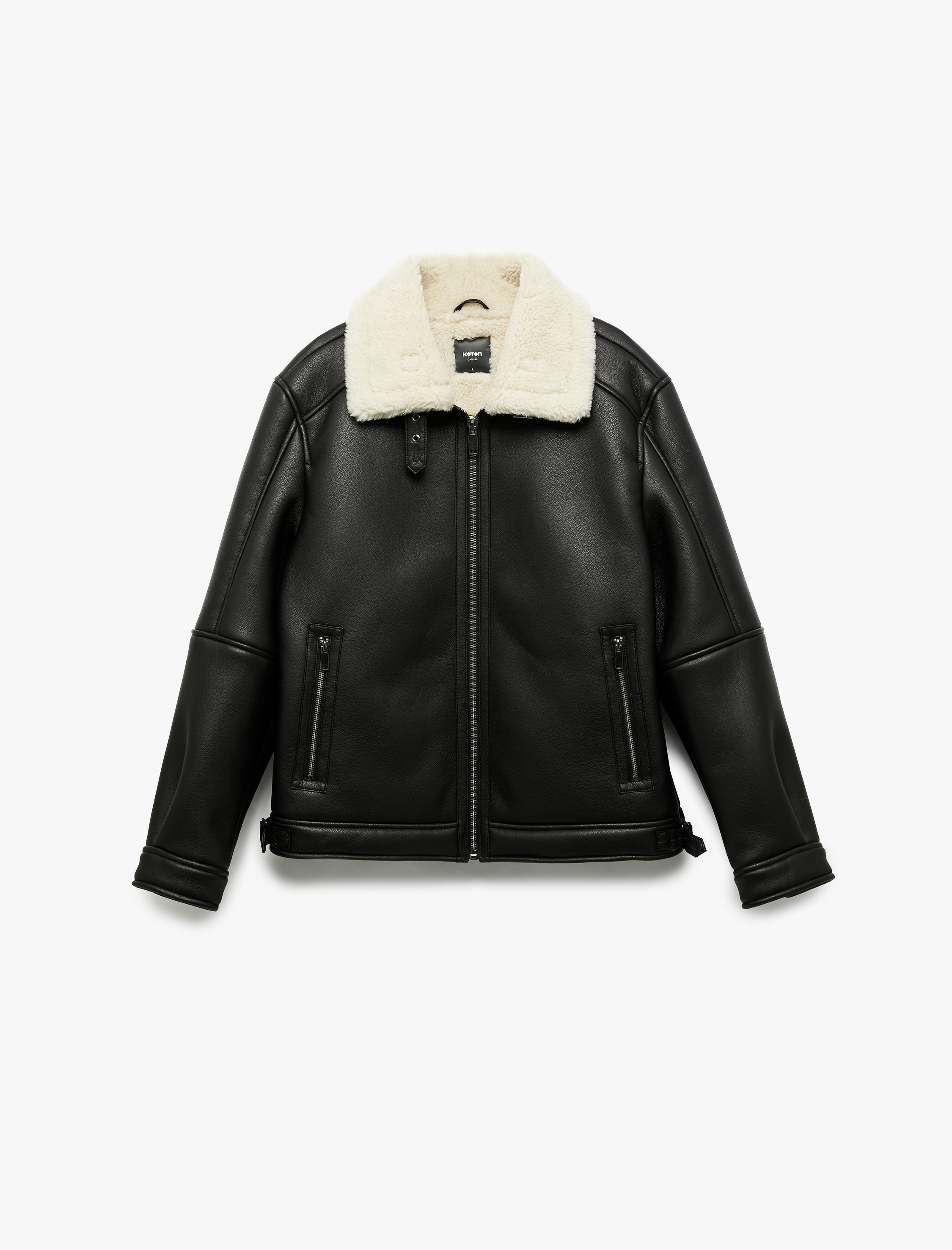   Uzun Kollu Cep Detaylı Fermuarlı Peluş Yaka Suni Deri Ceket